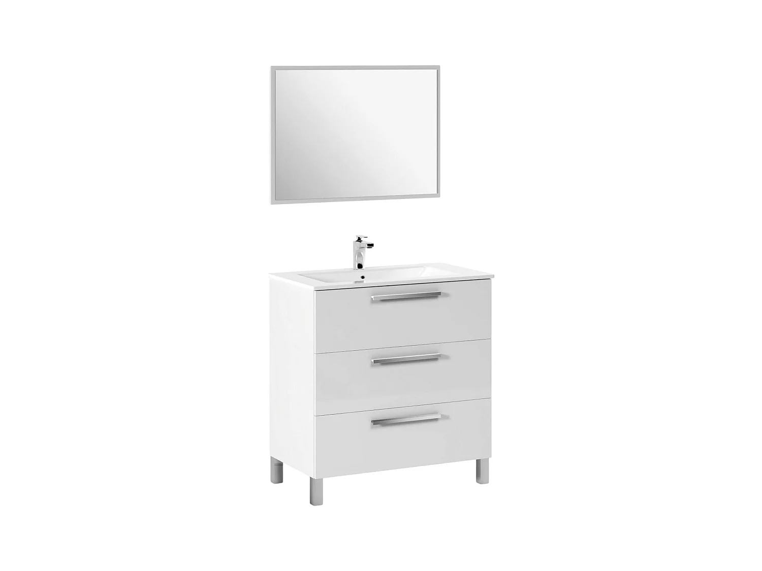 Meuble sous-vasque Dlo, Meuble de salle de bain, armoire 3 tiroirs et miroir, lavabo non inclus, 80x45h86 cm, Blanc brillant