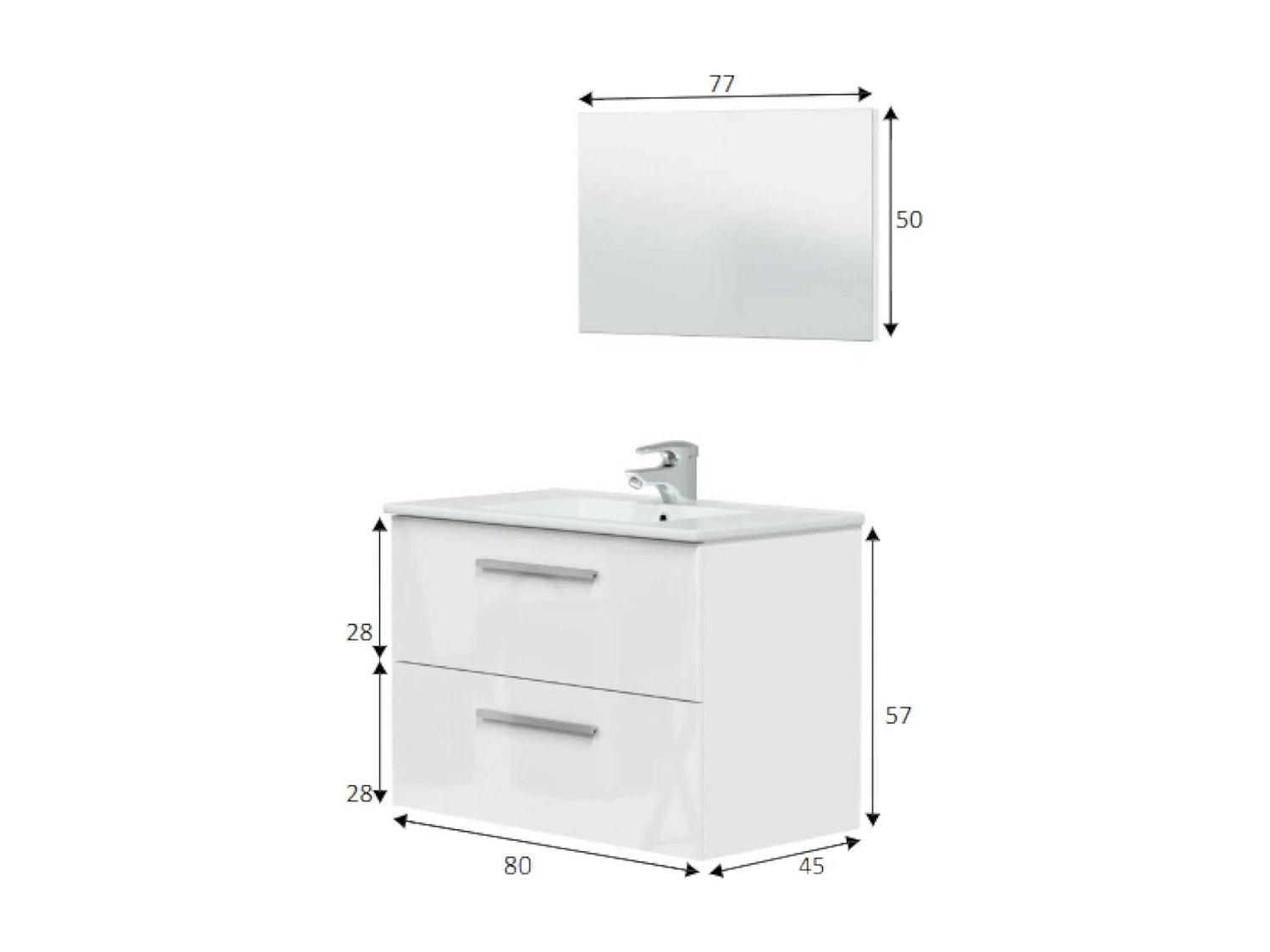 Mobile Sottolavabo Albino, Specchio Incluso, 57x80x45h cm Bianco Lucido