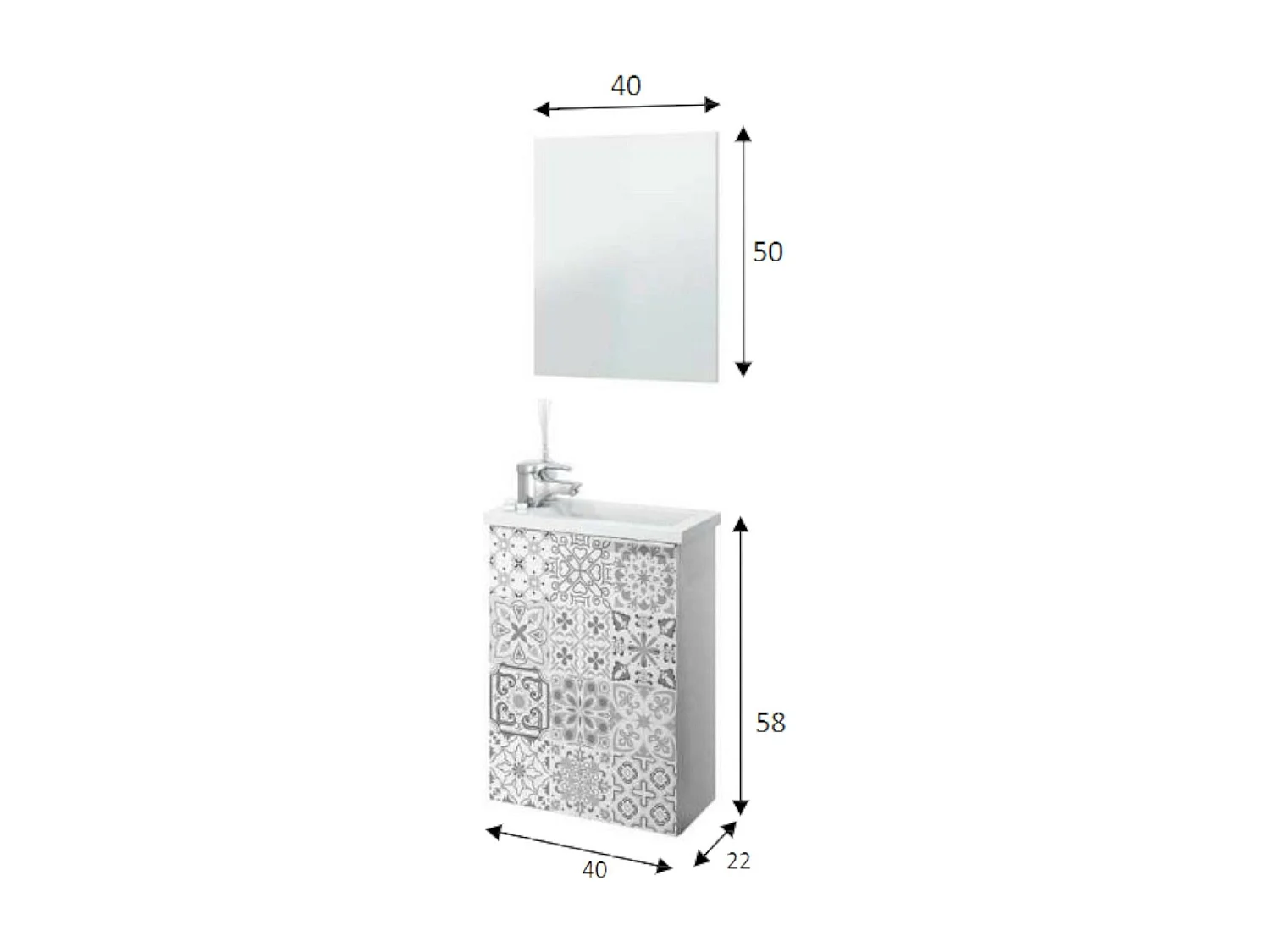 Unterschrank Dlott, Abgehängter Badezimmerschrank, Kleiderschrank mit 1 Tür mit Spiegel und Waschbecken, 40x22h58 cm, Glänzend WeiÃŸ und Zement