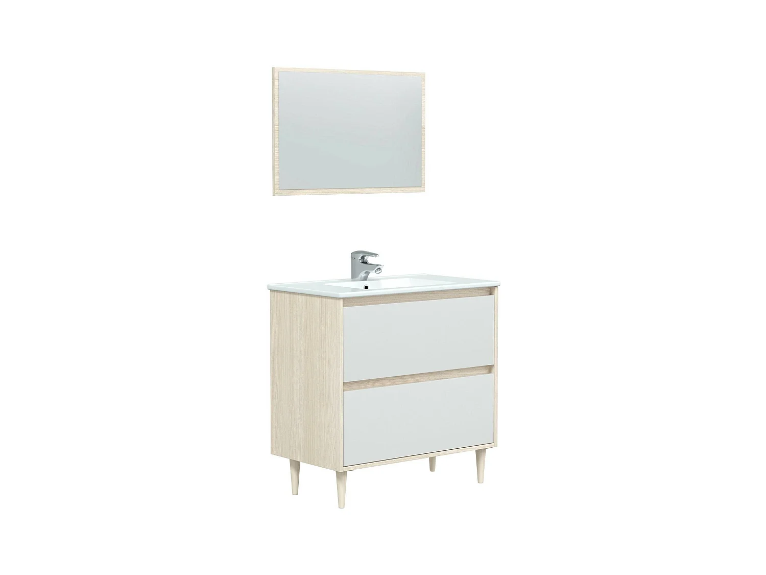 Meuble sous-vasque Dosori, Meuble sous-vasque de salle de bain, Meuble sous-vasque avec miroir, Lavabo non inclus, 80x45h80 cm, Blanc brillant et chêne