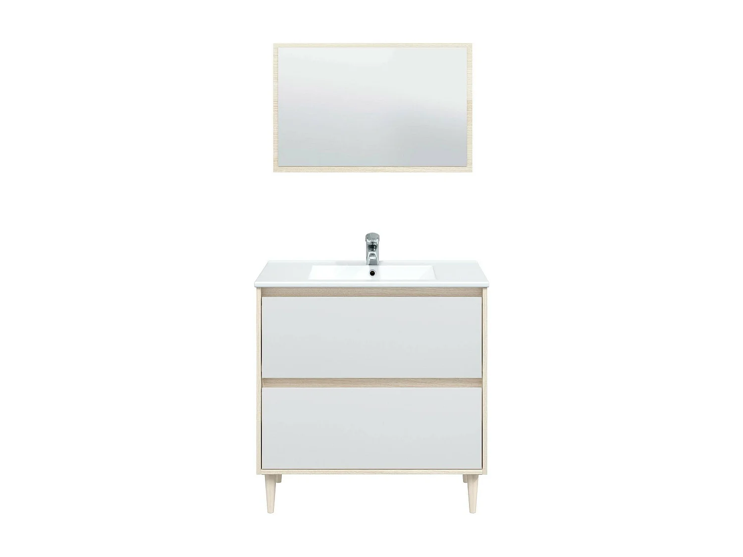 Mueble bajo lavabo Berillo, Mueble bajo lavabo, Mueble bajo lavabo con espejo, Lavabo no incluido, 80x45h80 cm, Blanco brillo y roble