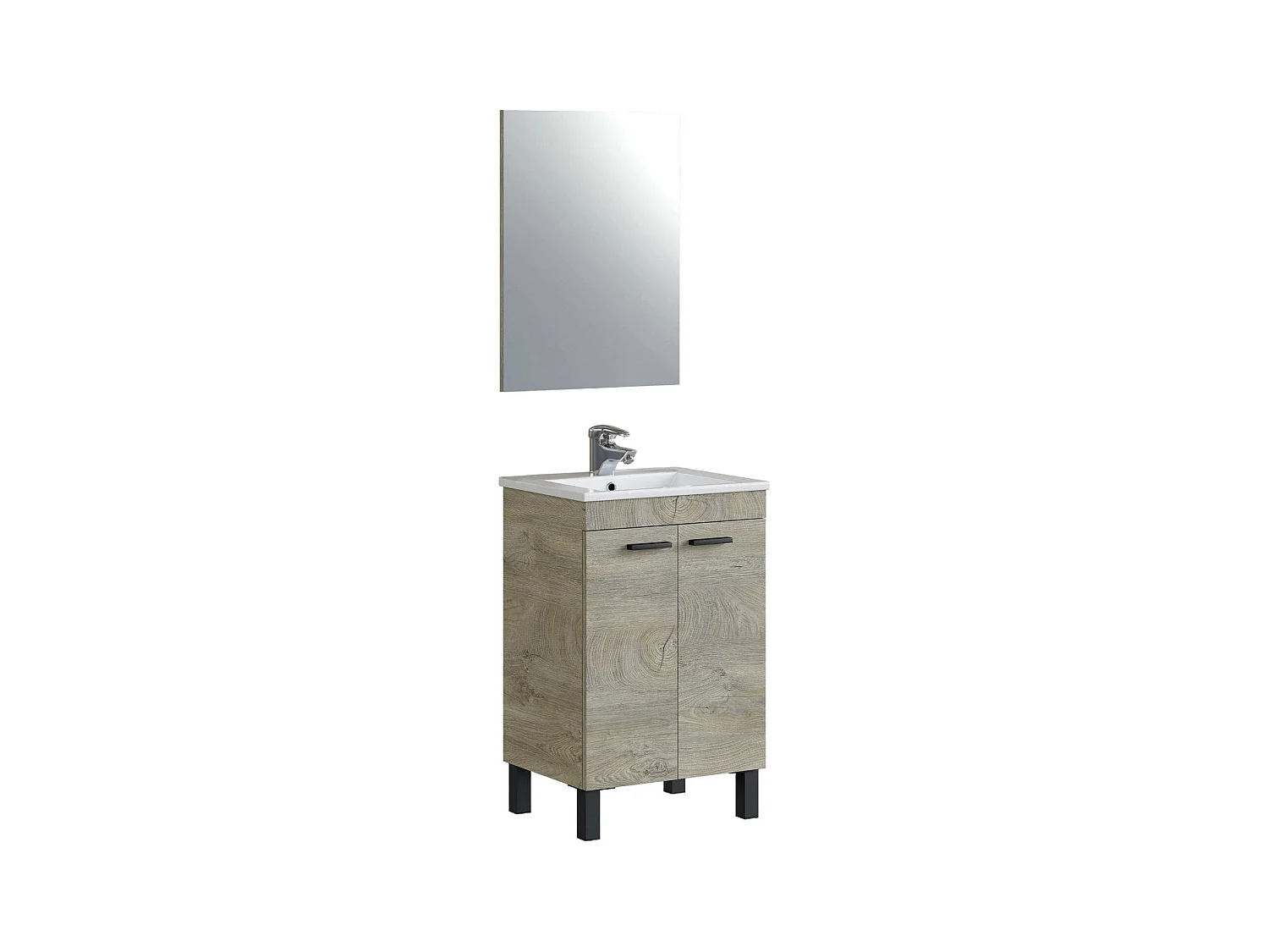 Meuble sous-vasque Dkolaro, Meuble de salle de bain, armoire 2 portes avec miroir, lavabo non inclus, 50x40h80 cm, Chêne