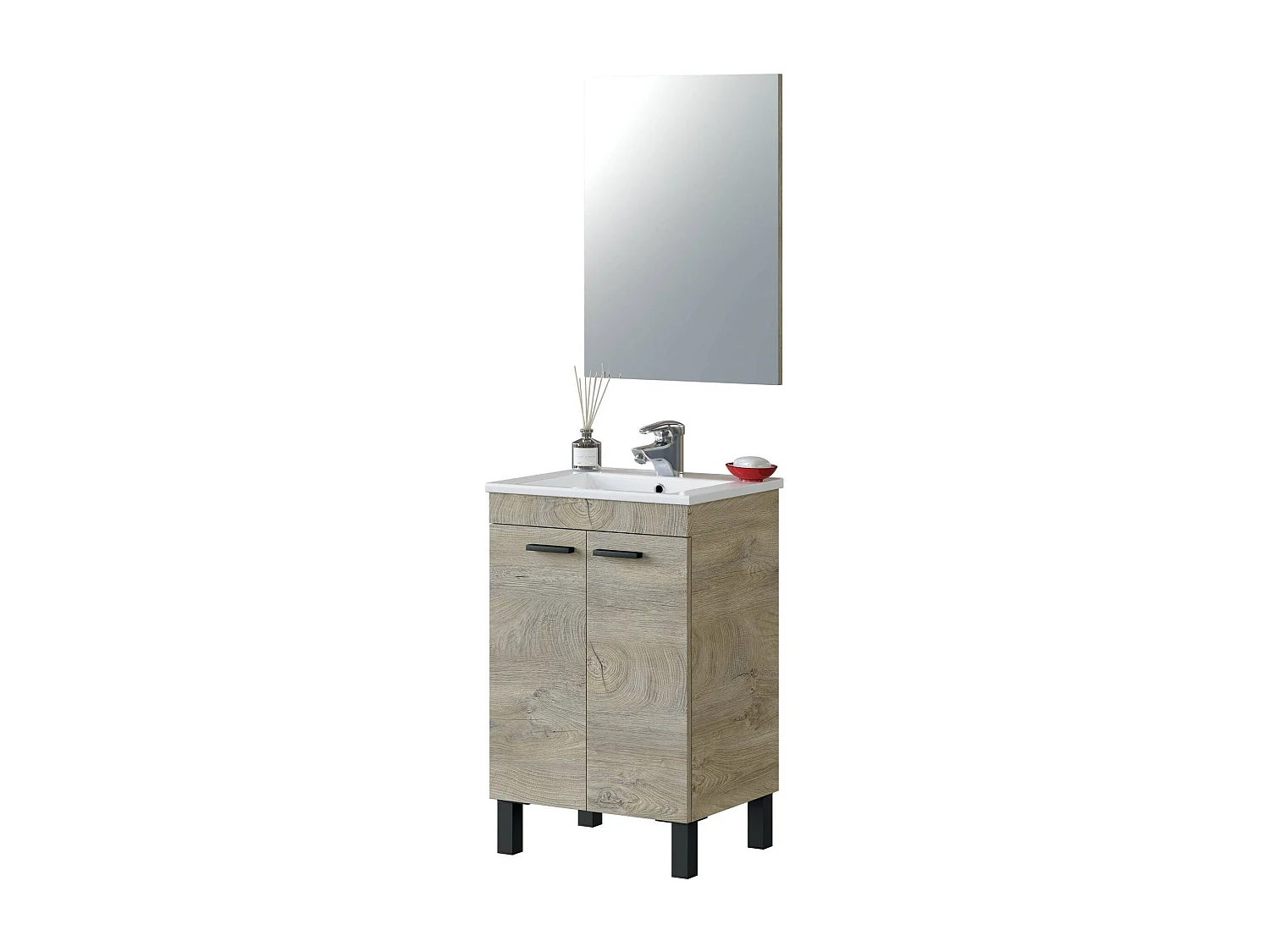 Meuble sous-vasque Dkolaro, Meuble de salle de bain, armoire 2 portes avec miroir, lavabo non inclus, 50x40h80 cm, Chêne