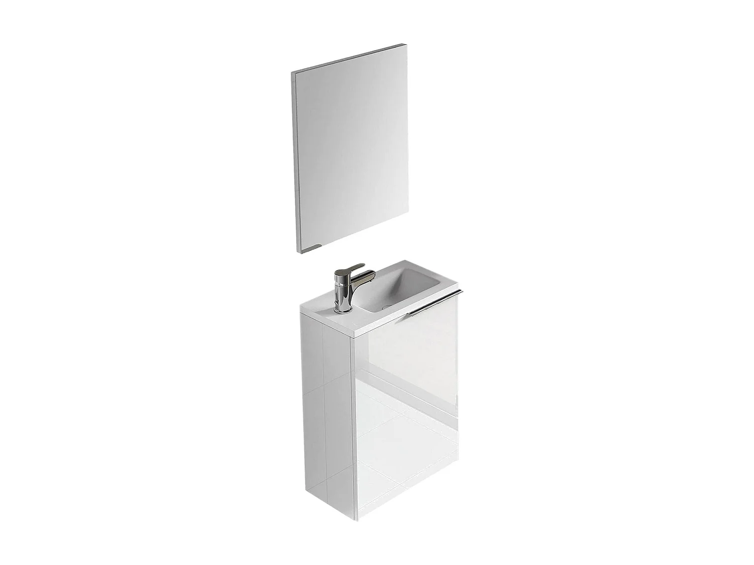 Meuble sous-vasque Dlott, Meuble de salle de bain suspendu, armoire 1 porte avec miroir et lavabo, 40x22h58 cm, Blanc brillant