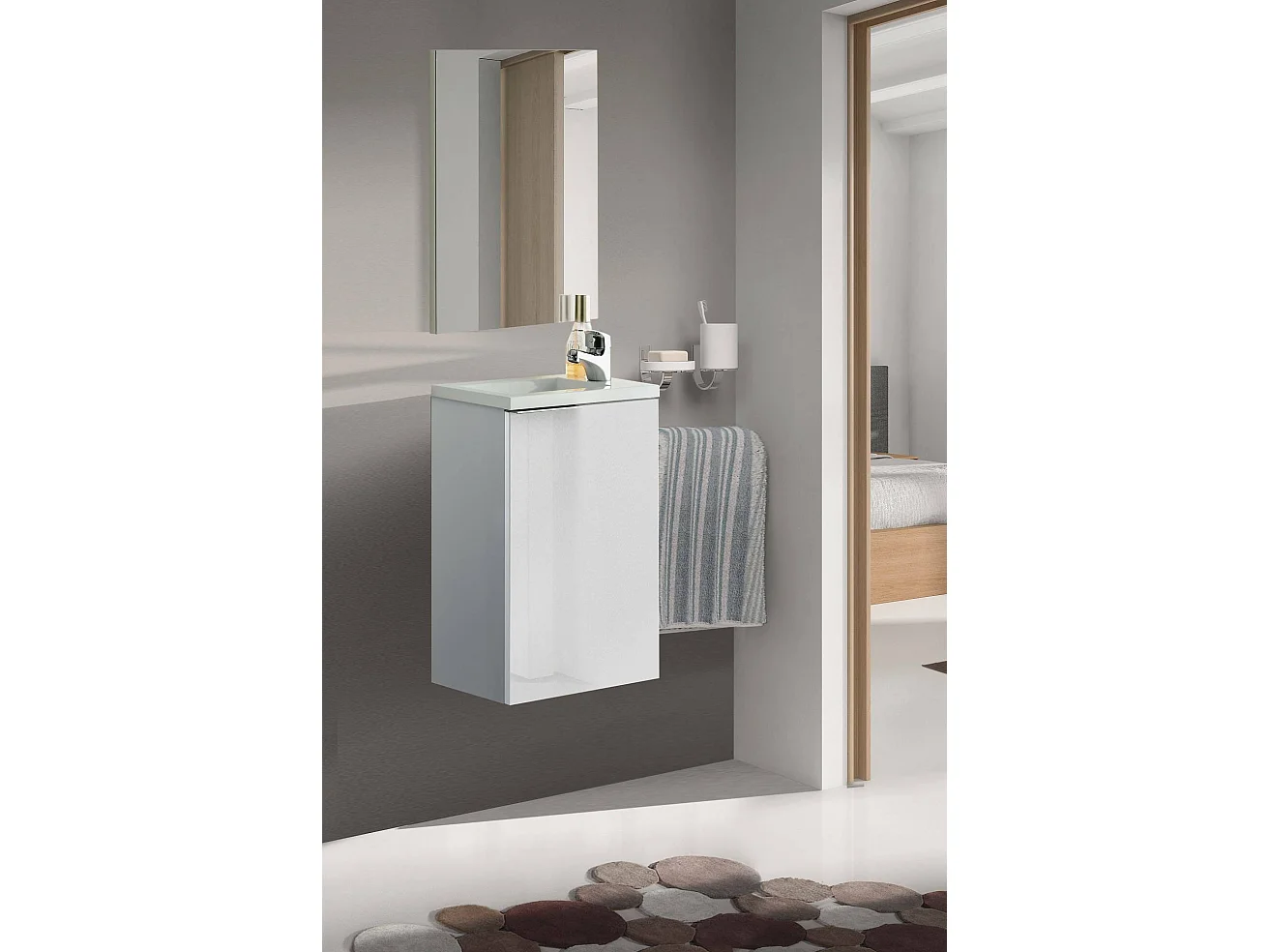 Meuble sous-vasque Dlott, Meuble de salle de bain suspendu, armoire 1 porte avec miroir et lavabo, 40x22h58 cm, Blanc brillant