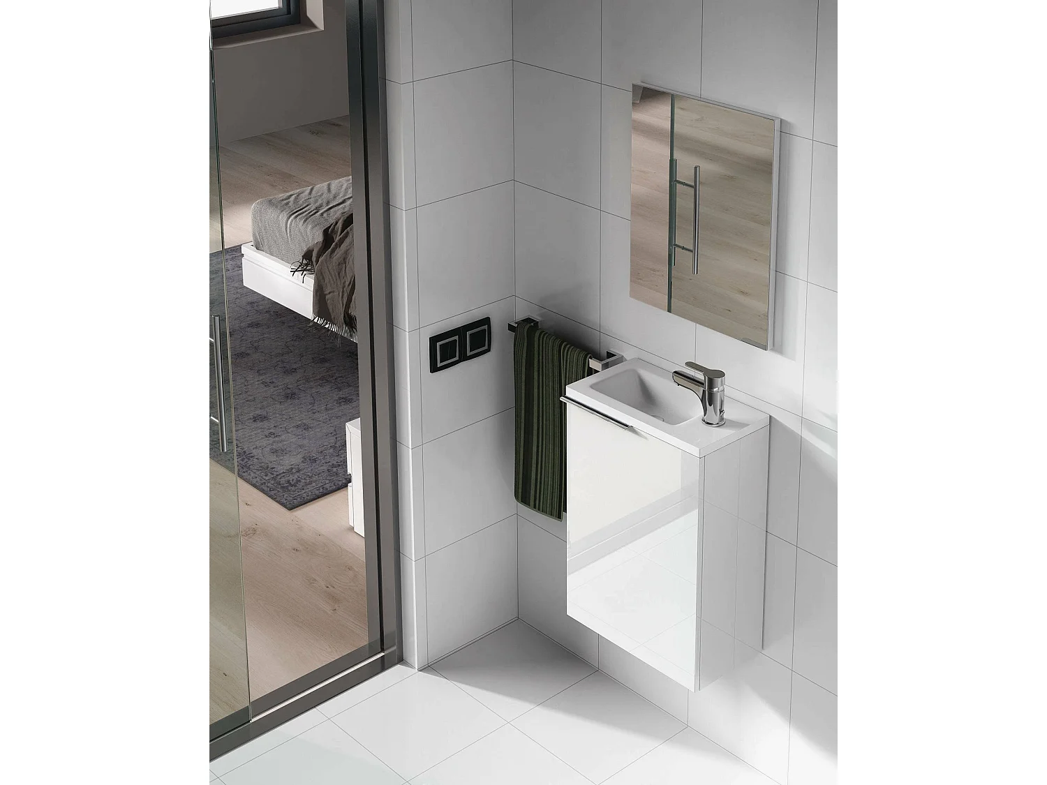 Meuble sous-vasque Dlott, Meuble de salle de bain suspendu, armoire 1 porte avec miroir, 40x22h58 cm, Blanc brillant