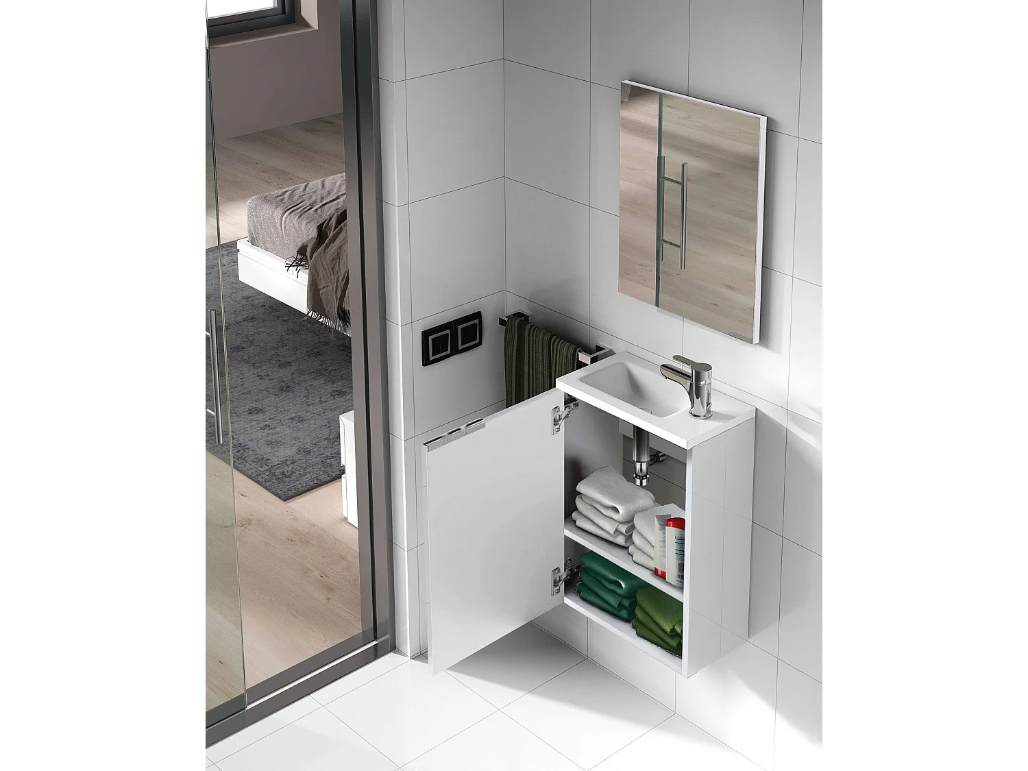 Meuble sous-vasque Dlott, Meuble de salle de bain suspendu, armoire 1 porte avec miroir, 40x22h58 cm, Blanc brillant