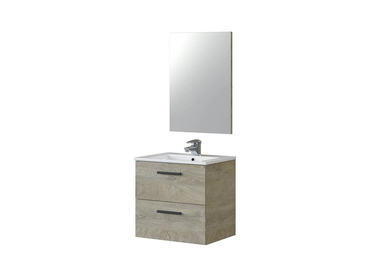 Meuble sous-vasque Dzunic, Meuble de salle de bain avec 2 tiroirs, Meuble suspendu avec miroir, lavabo non inclus, 60x45h57 cm, Chêne