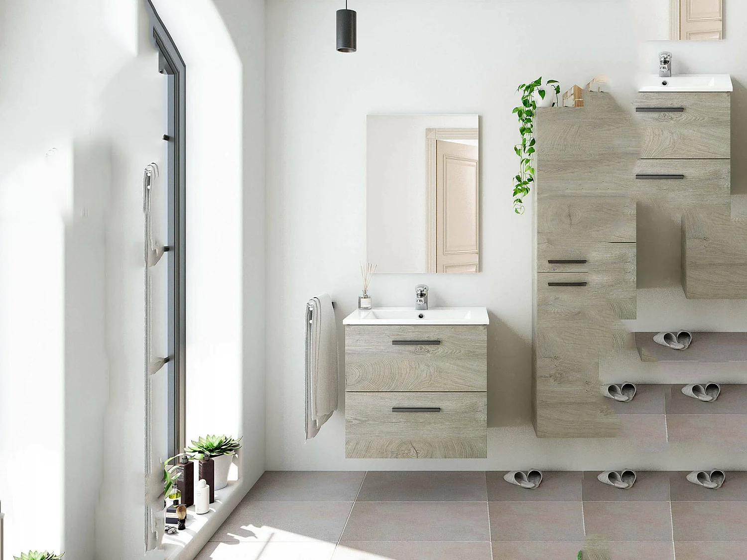 Meuble sous-vasque Dzunic, Meuble de salle de bain avec 2 tiroirs, Meuble suspendu avec miroir, lavabo non inclus, 60x45h57 cm, Chêne