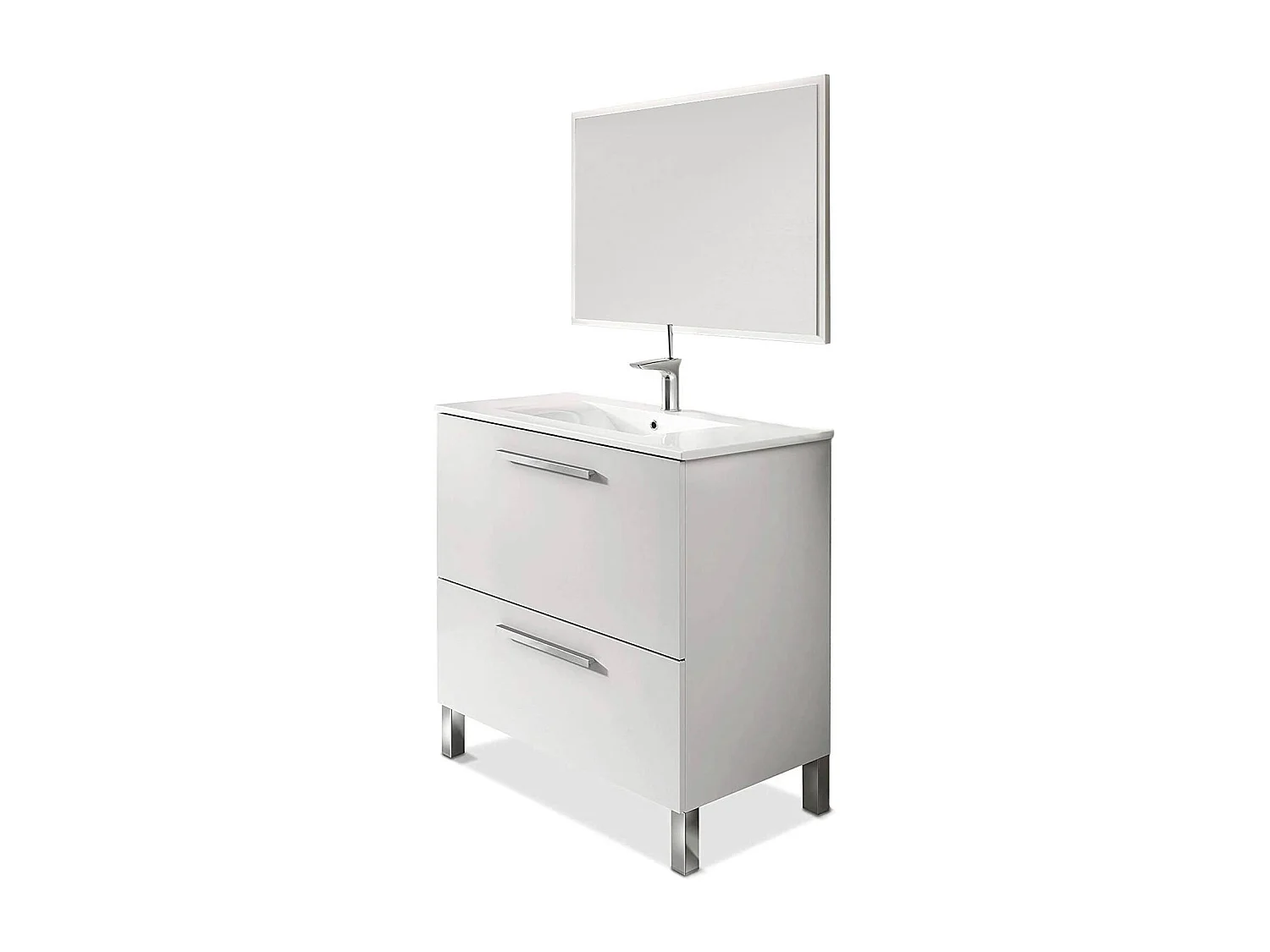 Meuble sous-vasque Dfarago, Meuble de salle de bain, Armoire avec 2 tiroirs et miroir, lavabo non inclus, 80x45h80 cm, Blanc brillant
