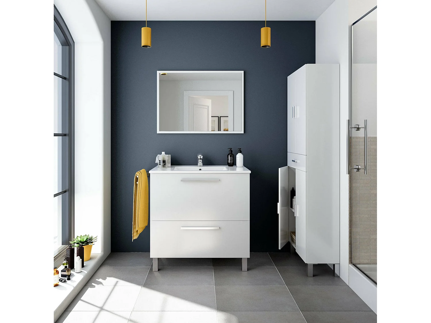 Meuble sous-vasque Dfarago, Meuble de salle de bain, Armoire avec 2 tiroirs et miroir, lavabo non inclus, 80x45h80 cm, Blanc brillant