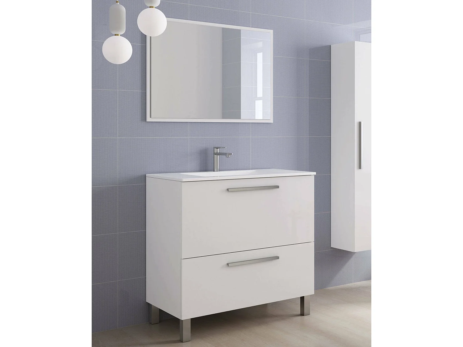 Meuble sous-vasque Dfarago, Meuble de salle de bain, Armoire avec 2 tiroirs et miroir, lavabo non inclus, 80x45h80 cm, Blanc brillant