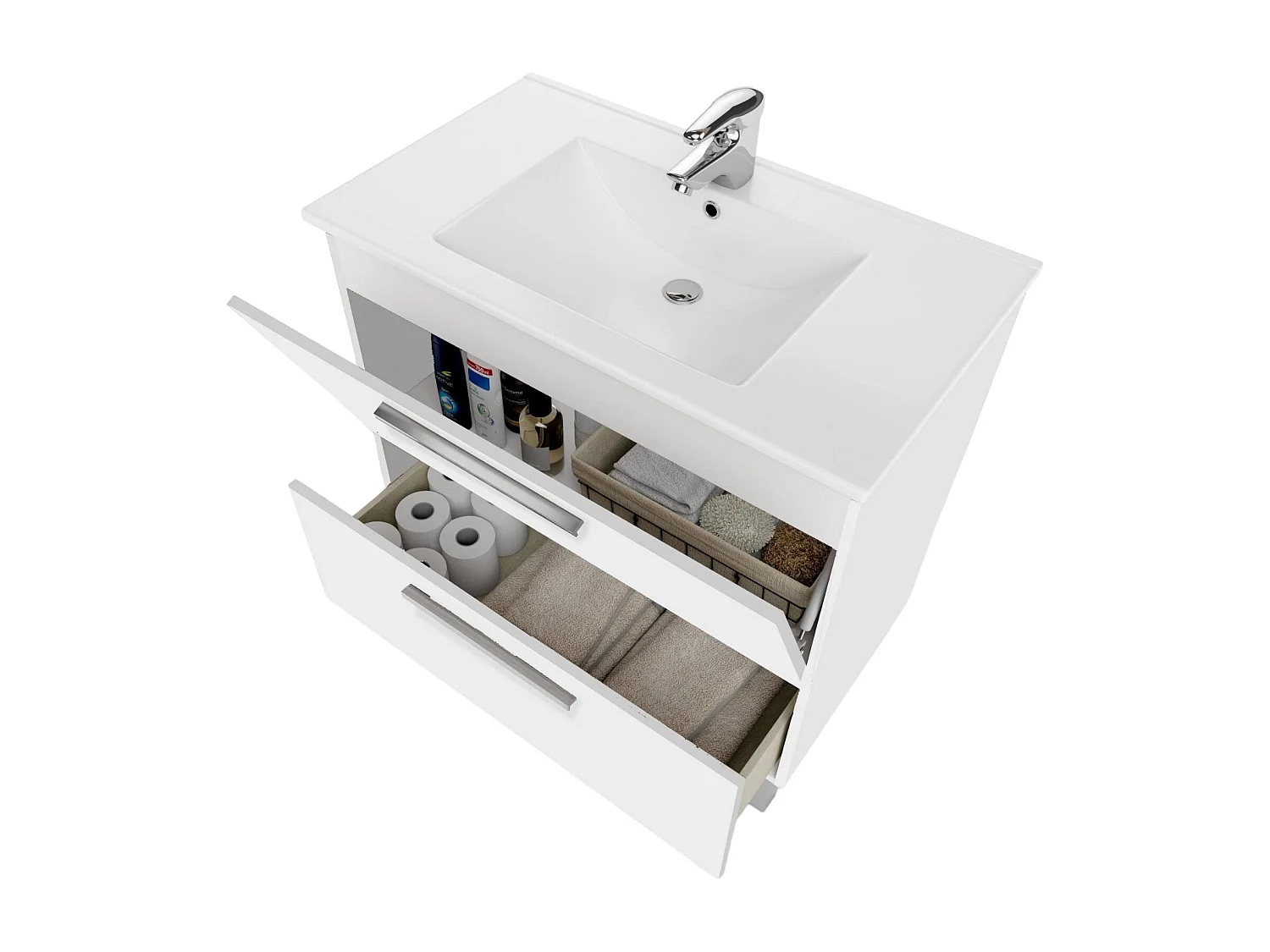 Meuble sous-vasque Dfarago, Meuble de salle de bain, Armoire avec 2 tiroirs et miroir, lavabo non inclus, 80x45h80 cm, Blanc brillant