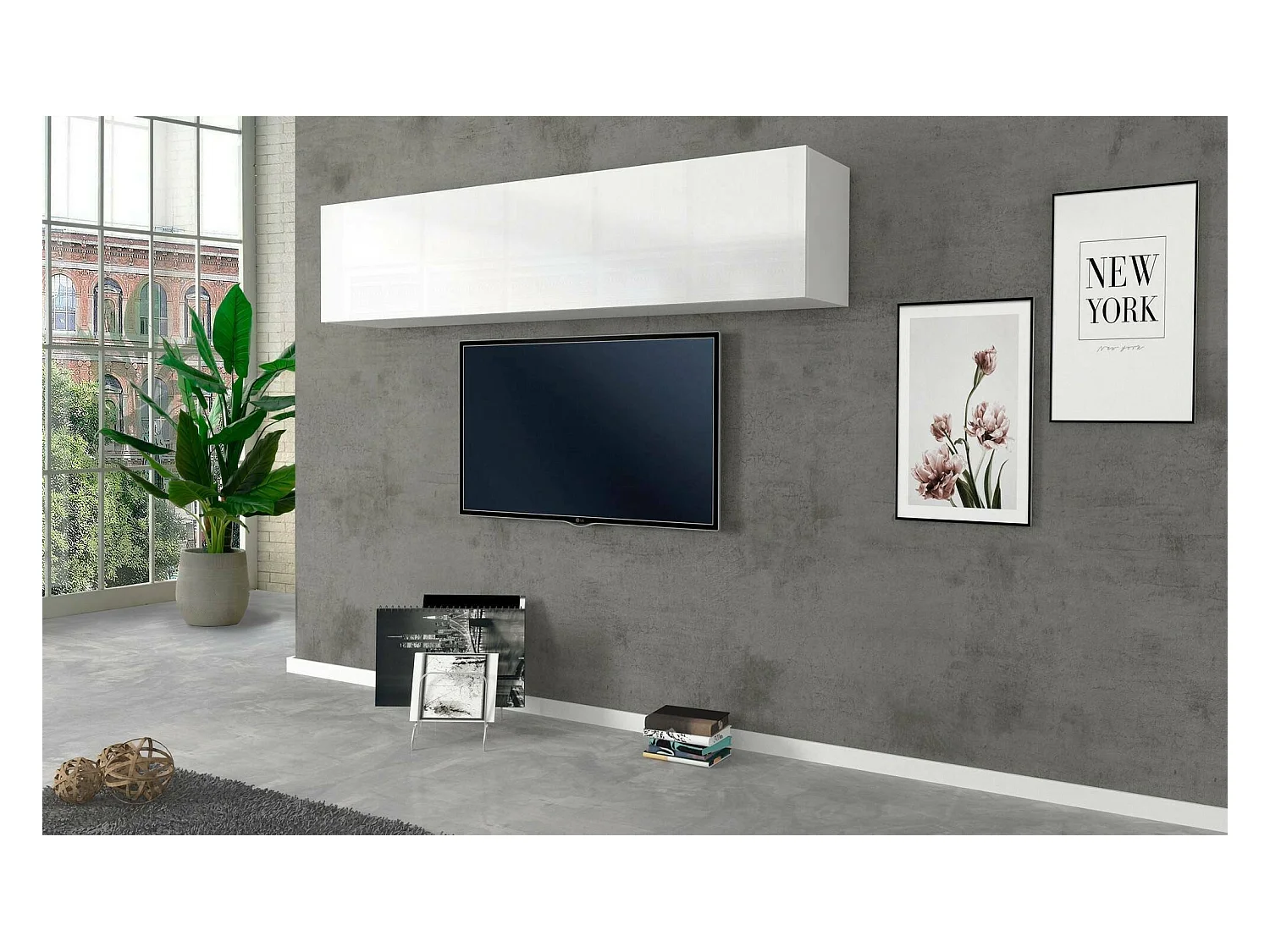 Armário de parede Dghoula, Armário multiuso, Armário de parede, 100% Fabricado na Itália, 180x30h40 cm, Branco brilhante