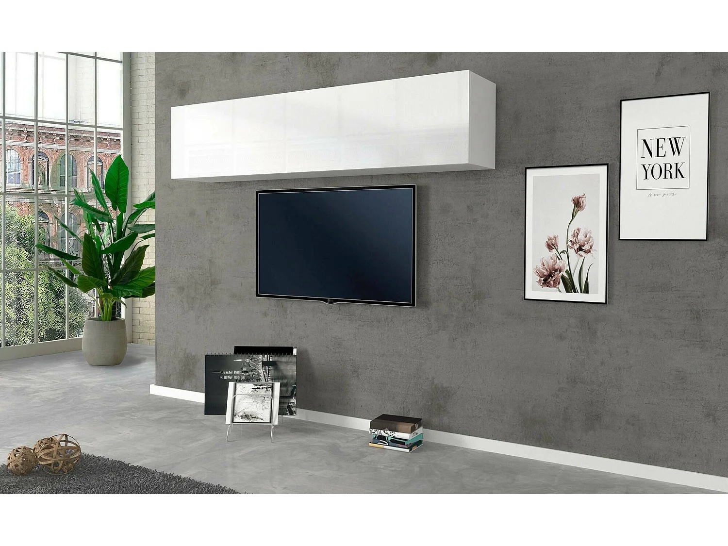 Dghoula wandkast, Multifunctionele kledingkast, Bovenkast, 100% Made in Italy, 180x30h40 cm, Glanzend wit