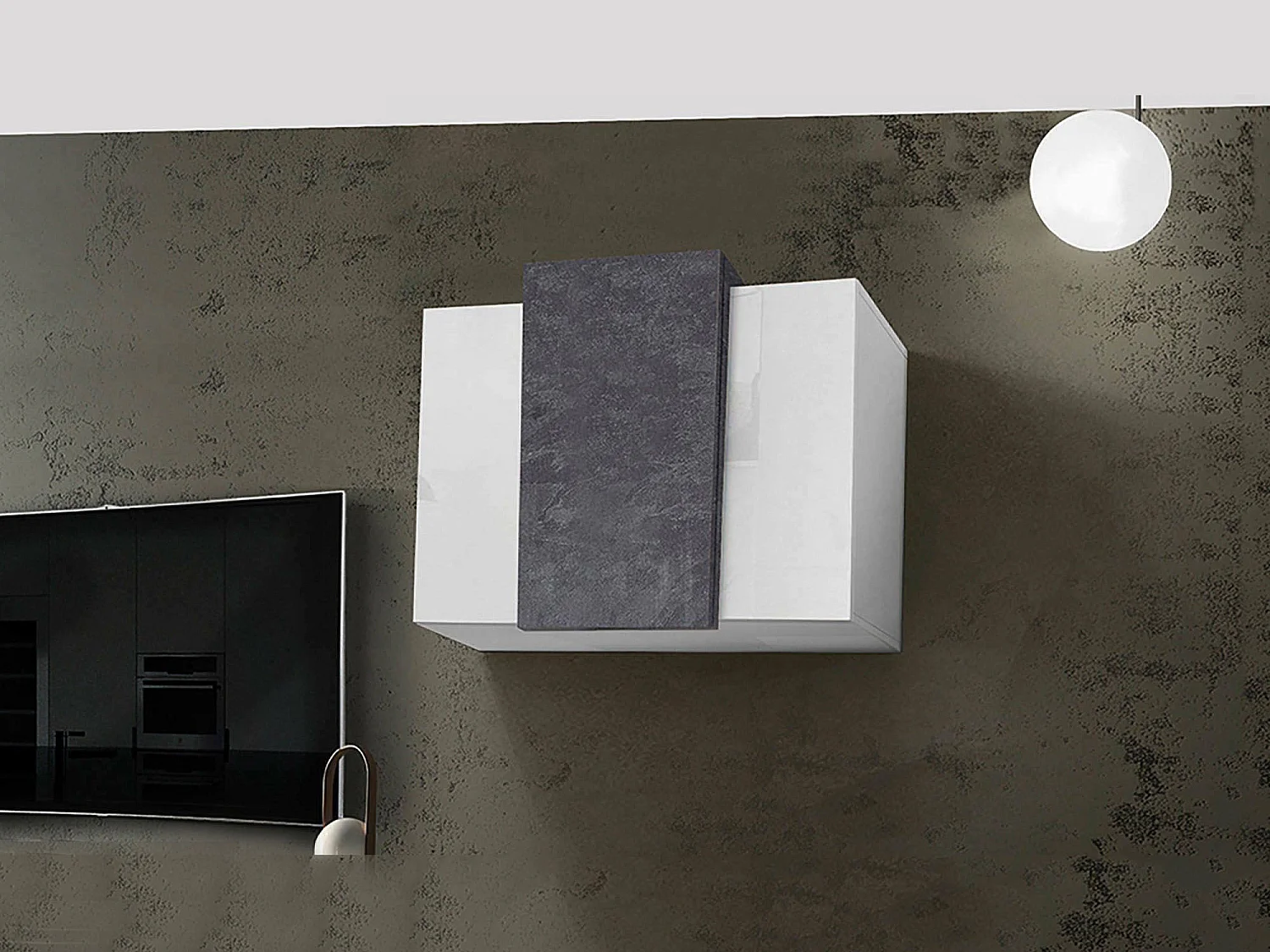 Armoire suspendue Didze, Armoire polyvalente, Armoire murale, 100% Made in Italy, 90x38h66 cm, Blanc brillant et ardoise