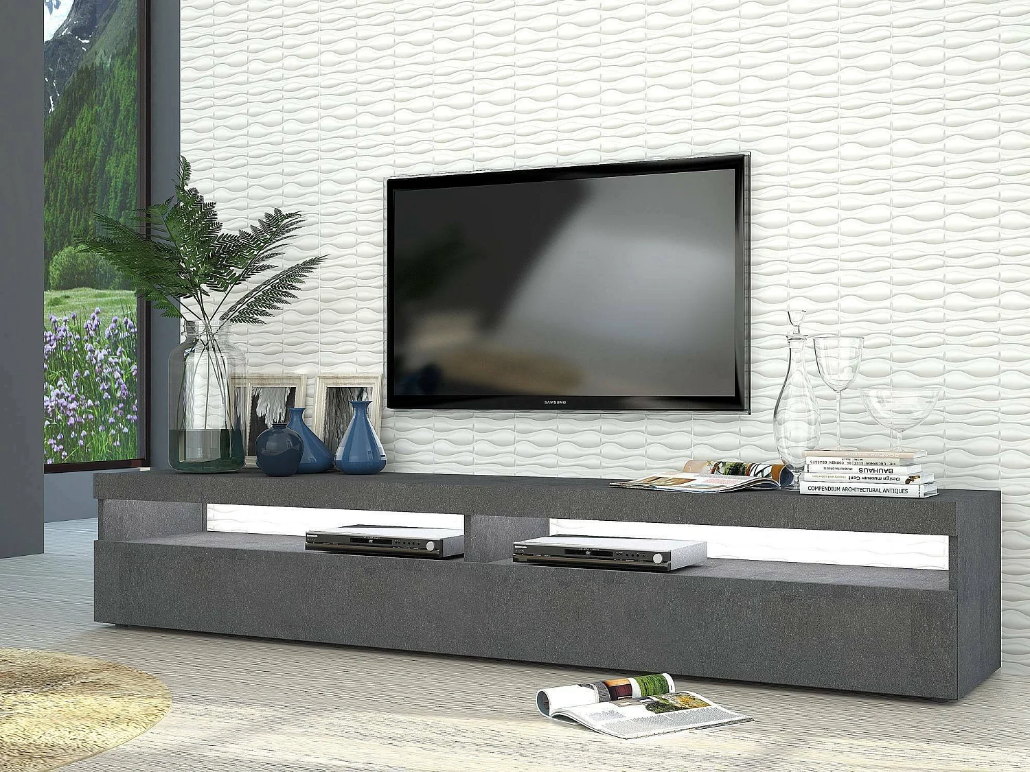 Dkraj TV-meubel, Laag woonkamerdressoir met 2 deuren, TV-meubelbasis, 100% Made in Italy, 200x45h36 cm, Leisteen, met LED-licht