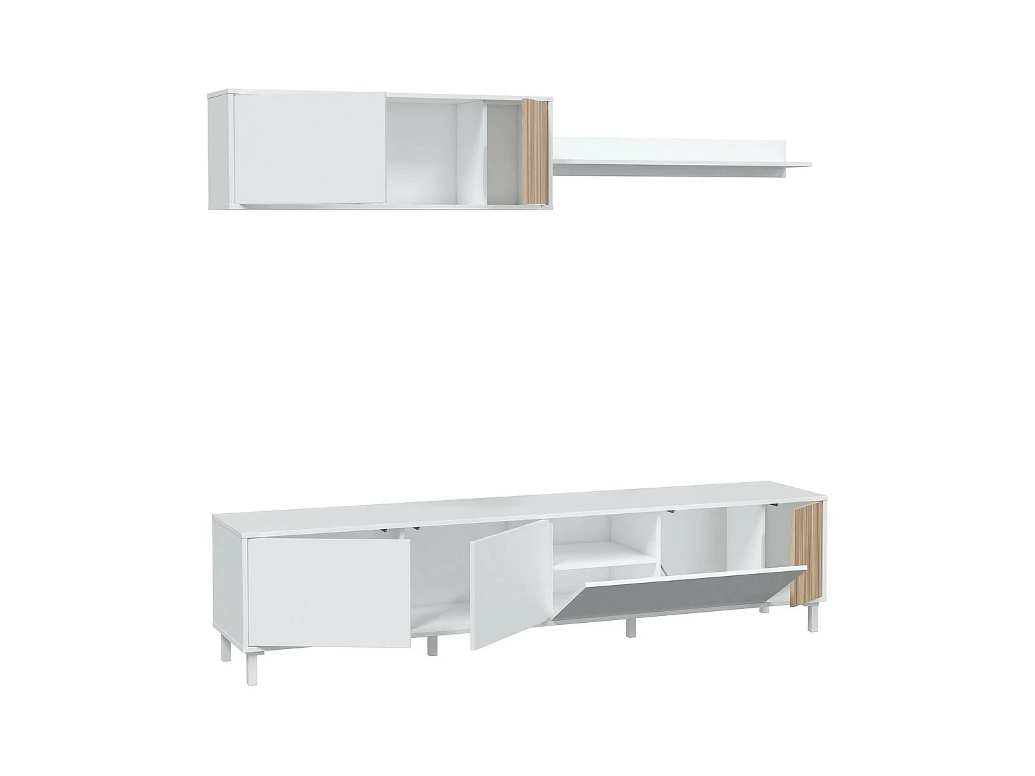 Unité murale Dolze, Armoire de salon avec portes, Armoire suspendue avec étagère, Buffet polyvalent, 200x40h47 cm, Blanc et Chêne