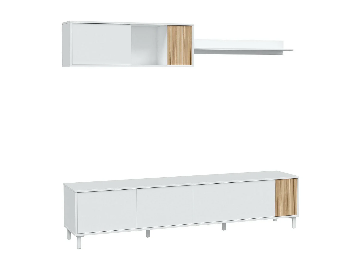 Dolze wandsysteem, Woonkamerkast met deuren, Hangkast met plank, Multifunctioneel dressoir, 200x40h47 cm, Wit en Eiken