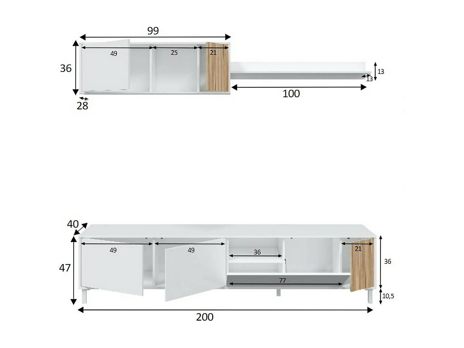 Unité murale Dolze, Armoire de salon avec portes, Armoire suspendue avec étagère, Buffet polyvalent, 200x40h47 cm, Blanc et Chêne