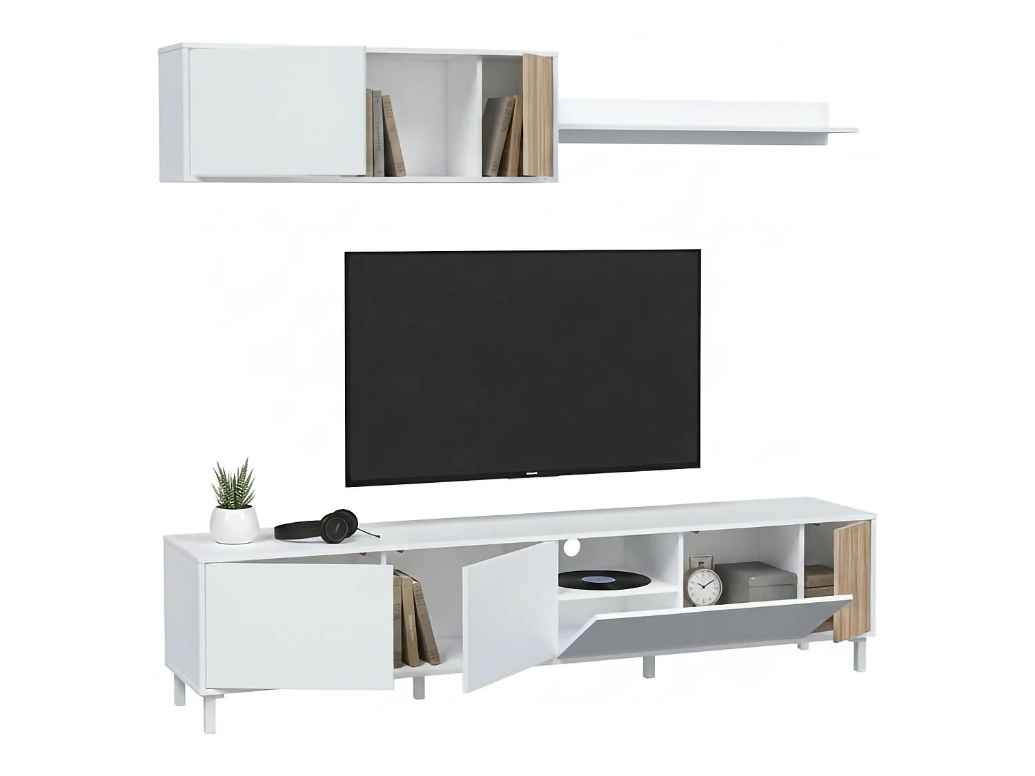 Unité murale Dolze, Armoire de salon avec portes, Armoire suspendue avec étagère, Buffet polyvalent, 200x40h47 cm, Blanc et Chêne
