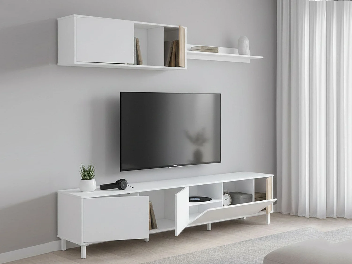 Dolze wandsysteem, Woonkamerkast met deuren, Hangkast met plank, Multifunctioneel dressoir, 200x40h47 cm, Wit en Eiken