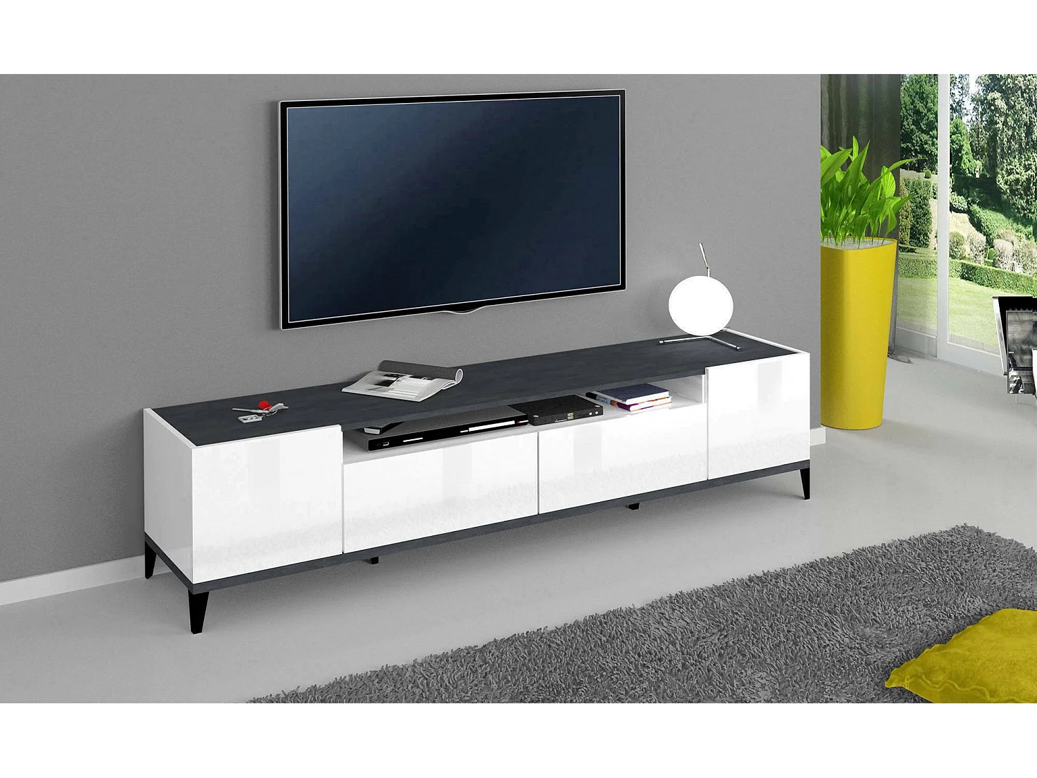 Meuble TV Dmaigna, Buffet bas de salon avec 2 portes, Base pour meuble TV, 100% Made in Italy, 200x40h47 cm, Blanc brillant et ardoise