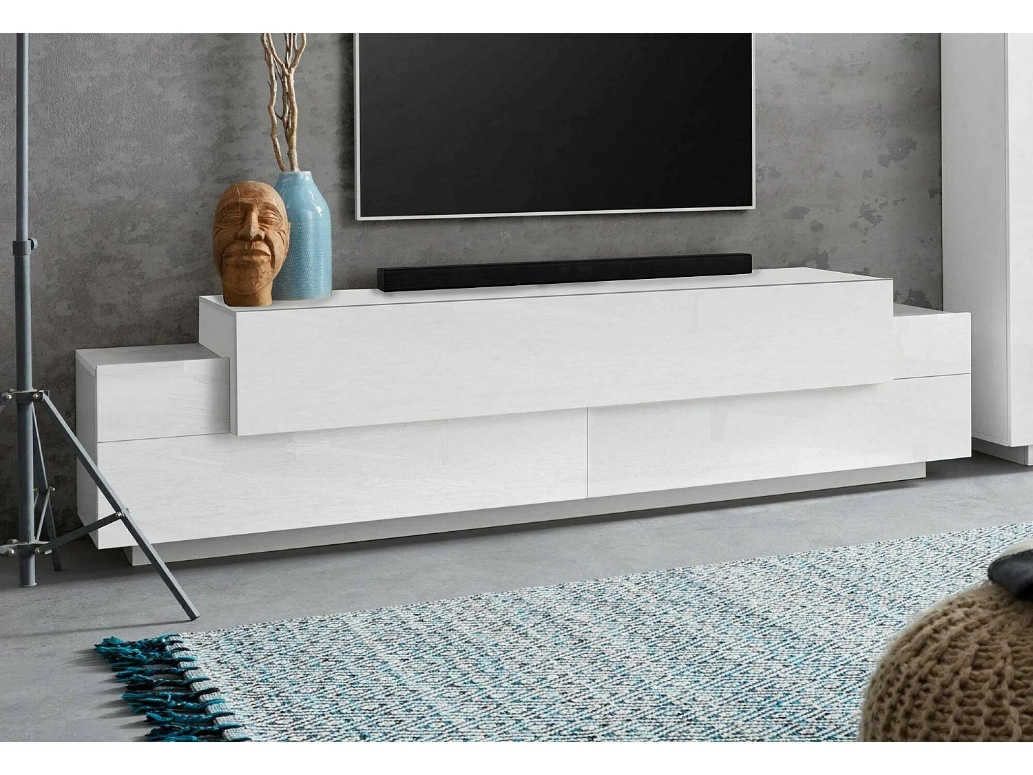 Móvel de TV Teo, aparador baixo da sala, base de móvel de TV, 100% Fabricado na Itália, 200x45h52 cm, Branco brilhante