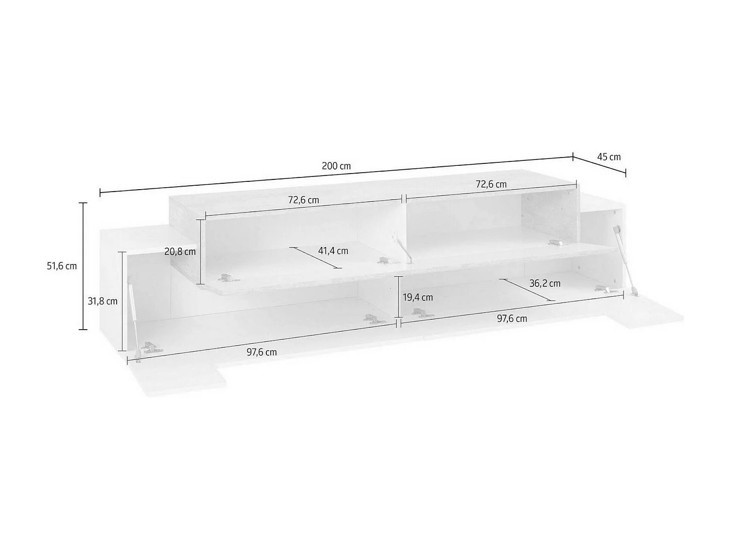 Móvel de TV Teo, aparador baixo da sala, base de móvel de TV, 100% Fabricado na Itália, 200x45h52 cm, Branco brilhante