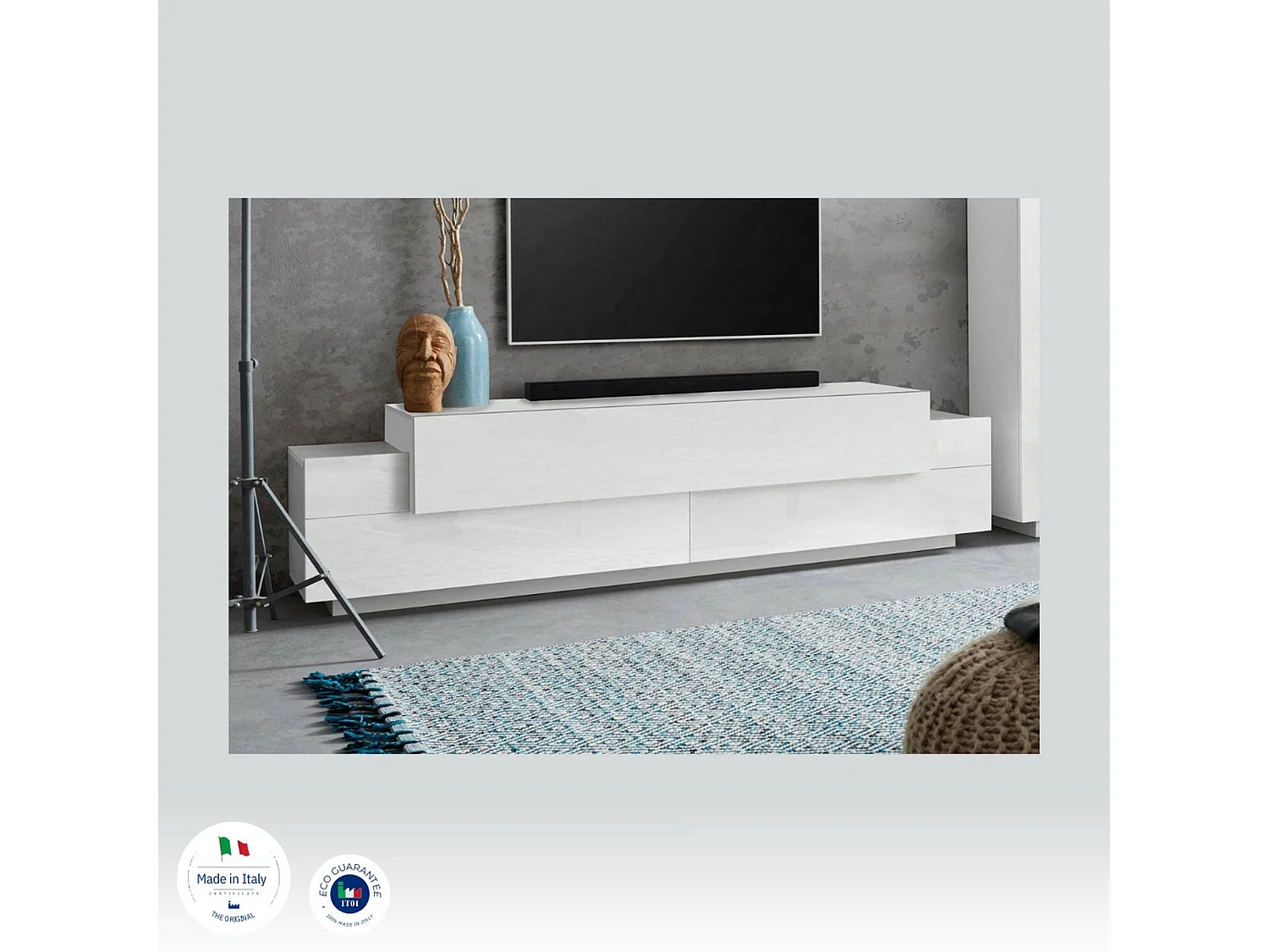 Móvel de TV Teo, aparador baixo da sala, base de móvel de TV, 100% Fabricado na Itália, 200x45h52 cm, Branco brilhante