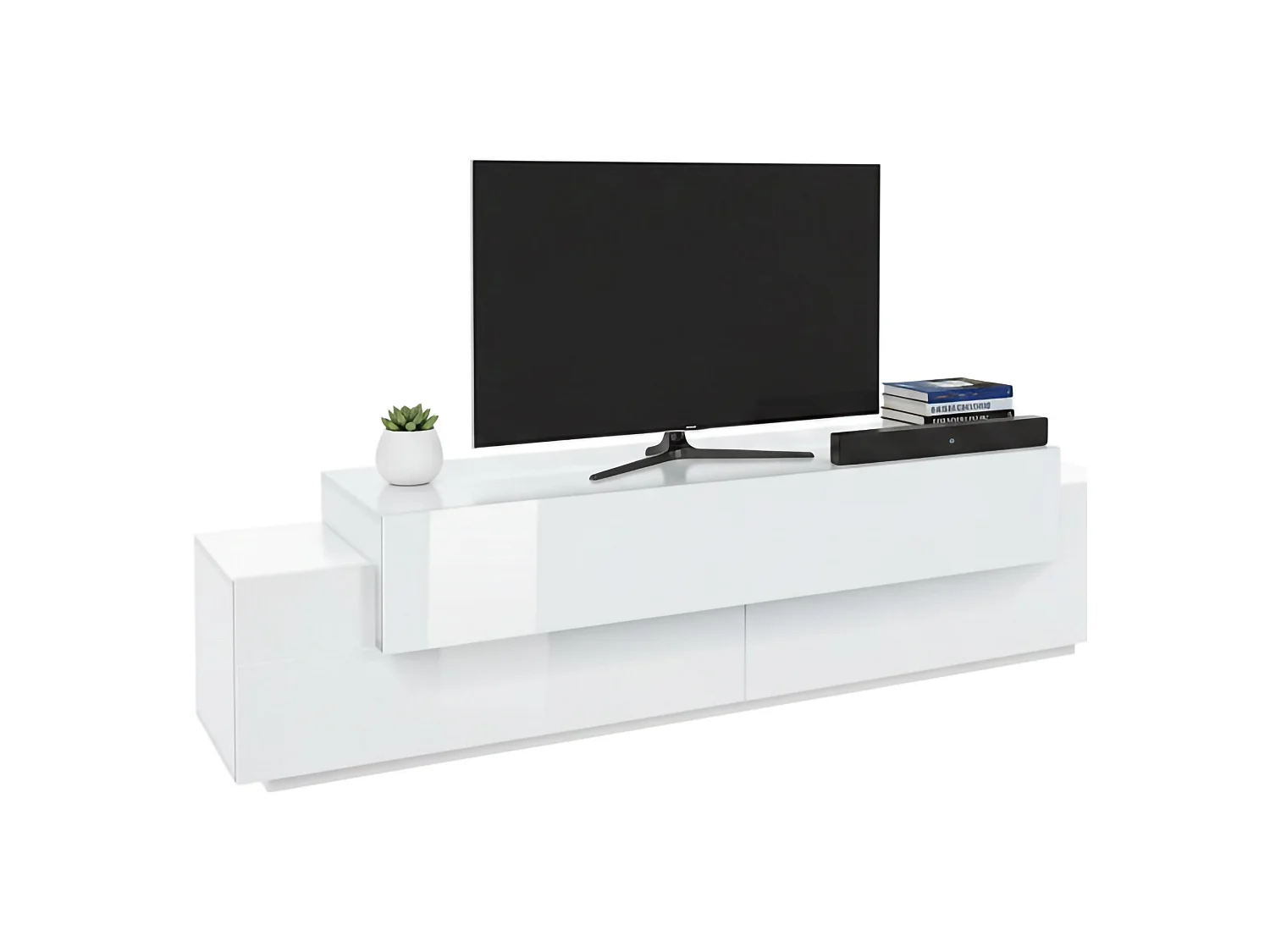 Móvel de TV Teo, aparador baixo da sala, base de móvel de TV, 100% Fabricado na Itália, 200x45h52 cm, Branco brilhante