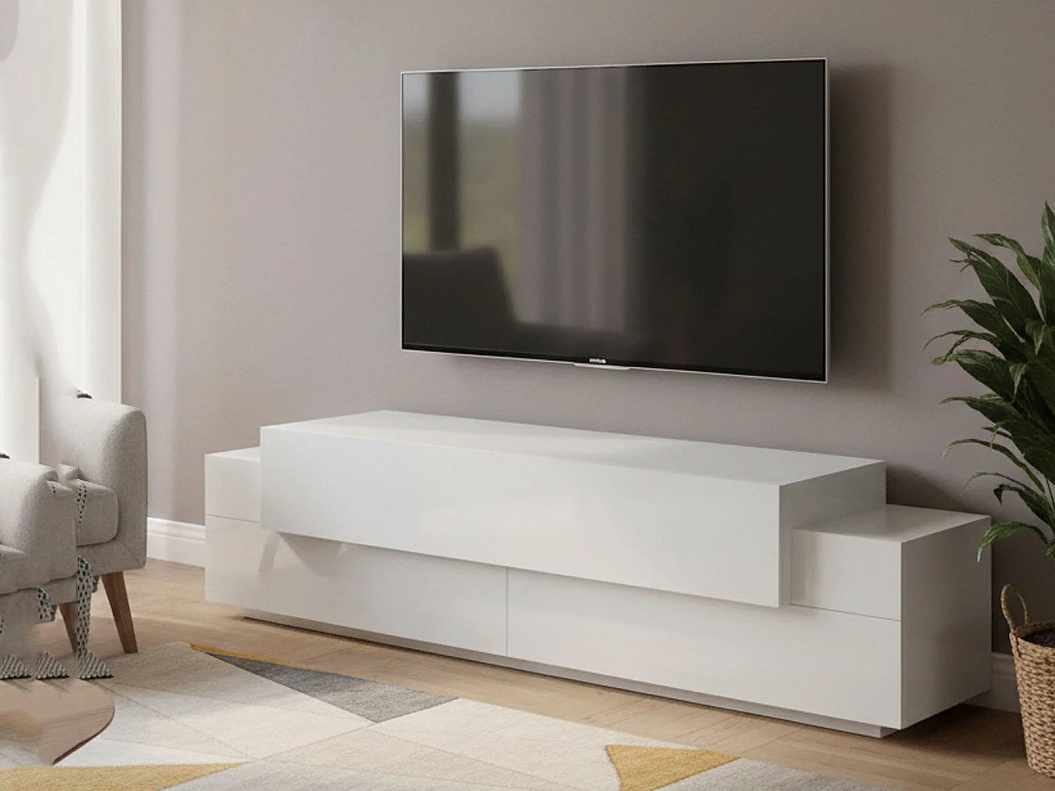 Móvel de TV Teo, aparador baixo da sala, base de móvel de TV, 100% Fabricado na Itália, 200x45h52 cm, Branco brilhante