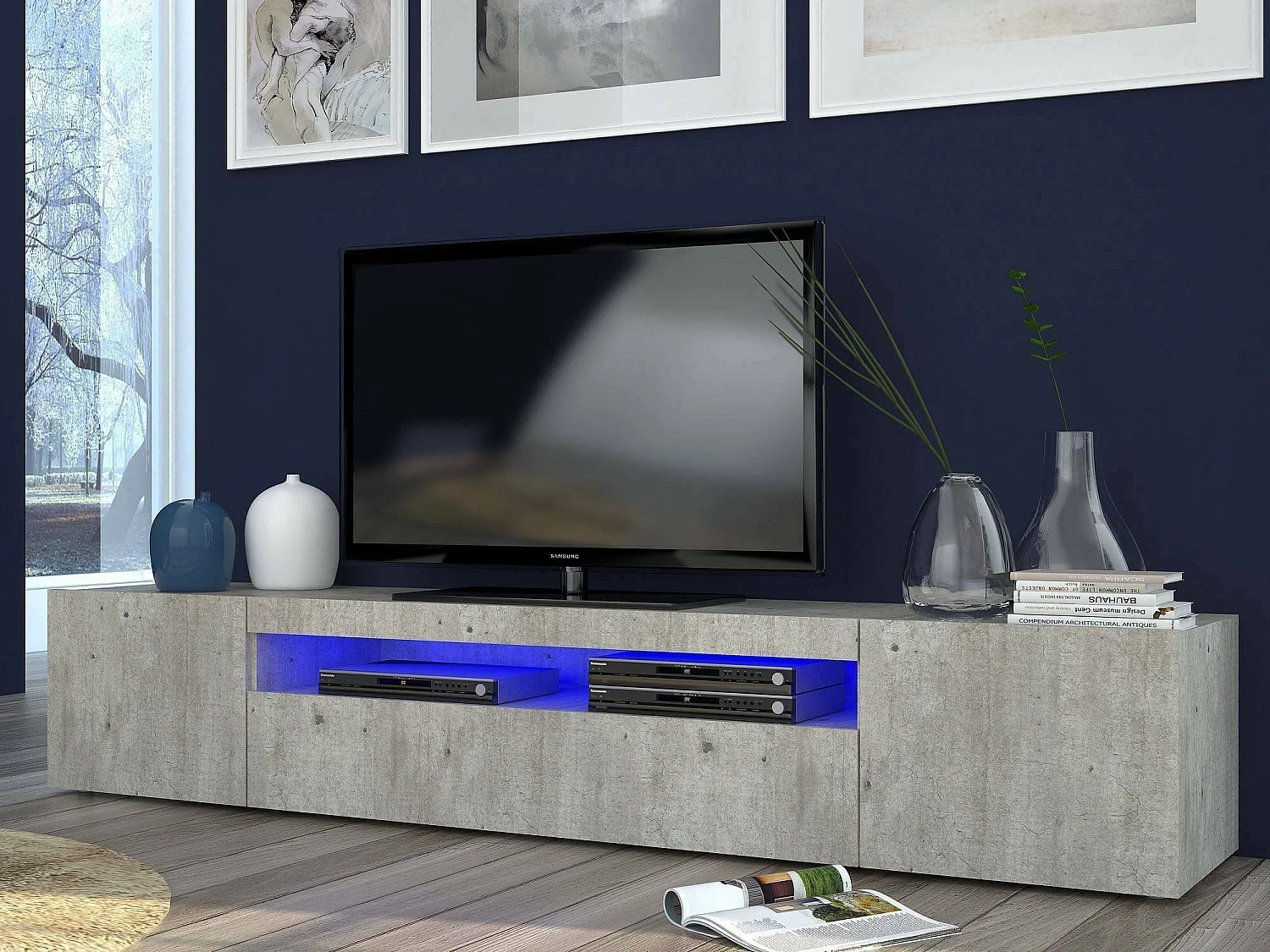 Fernsehschrank Dafrim, Niedriges Sideboard für Wohnzimmer mit 3 Türen, Sockel für TV-Möbel, 100 % Made in Italy, cm 200x40h37, Zement, mit LED-Licht