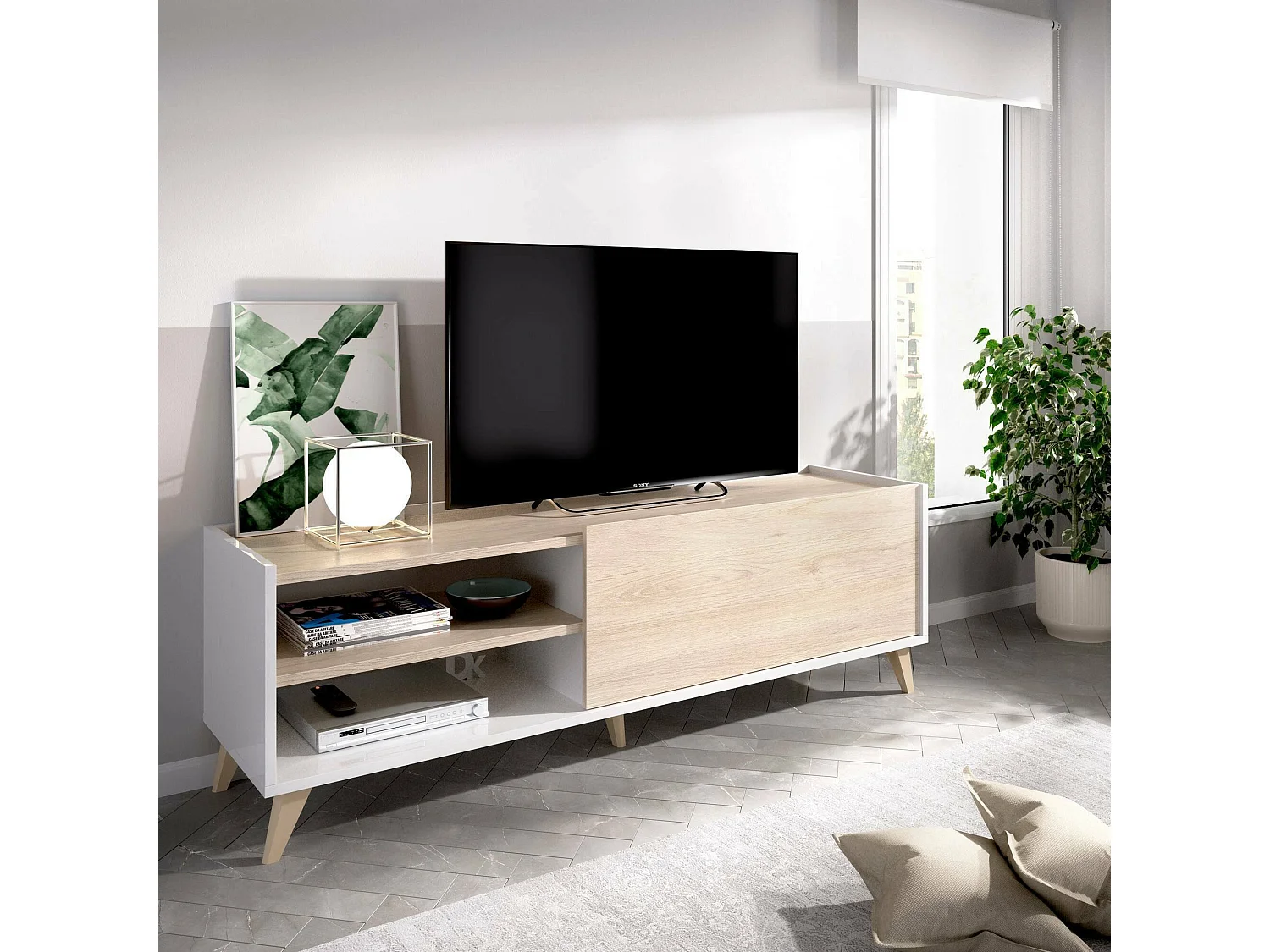 Dmora Mobile Porta tv Asinara 43x155x47h cm Bianco Modulabile 2 Ripiani, Apertura a Ribalta