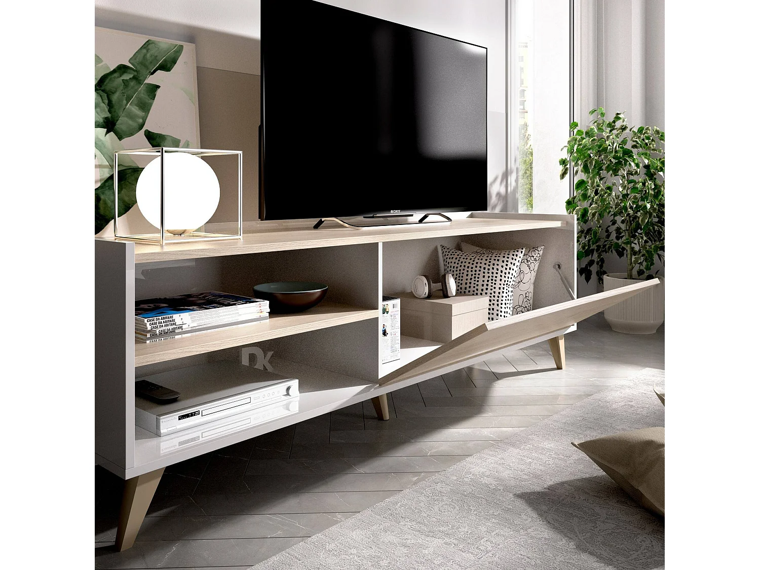 TV-Schrank Asinara, niedriges Sideboard für Wohnzimmer, TV-Sideboard für Wohnzimmer, 155 x 43 x 47 cm, Eiche und WeiÃŸ