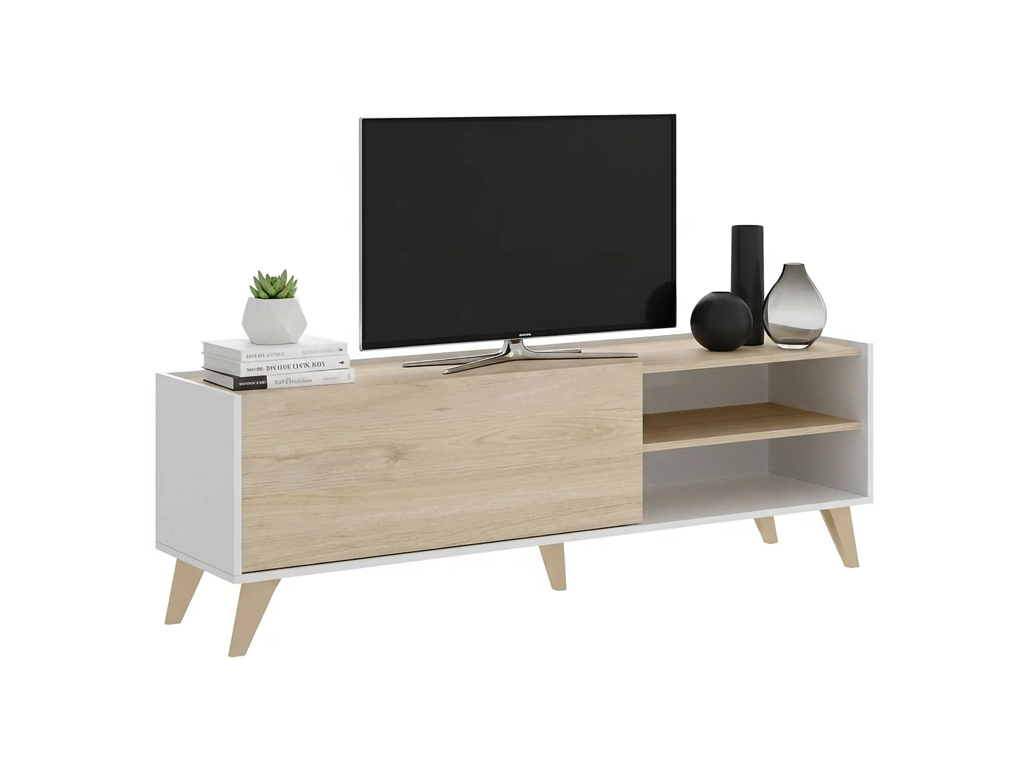 TV-Schrank Asinara, niedriges Sideboard für Wohnzimmer, TV-Sideboard für Wohnzimmer, 155 x 43 x 47 cm, Eiche und WeiÃŸ