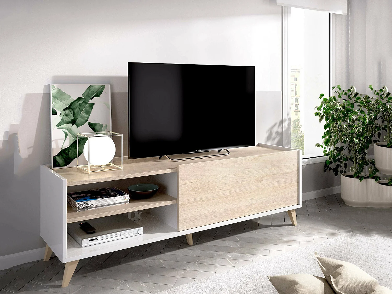 Meuble TV Asinara, Buffet bas de salon, Buffet de salon pour télévision, 155x43h47 cm, Chêne et Blanc