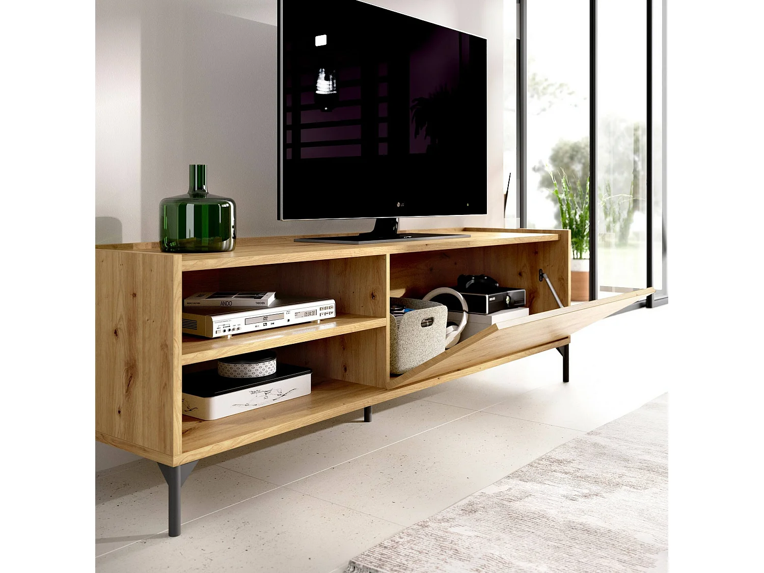 Meuble TV Asinara, Buffet bas de salon, Buffet de salon pour télévision, 155x43h47 cm, Chêne Nodi