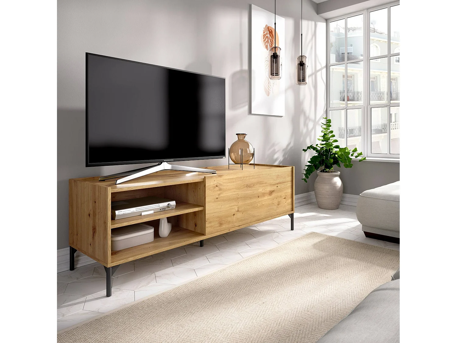 Meuble TV Dacerbi, Buffet bas de salon, Buffet de salon pour télévision, 155x43h47 cm, Chêne Nodi