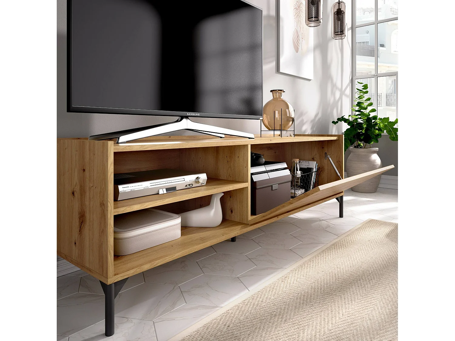 Meuble TV Dacerbi, Buffet bas de salon, Buffet de salon pour télévision, 155x43h47 cm, Chêne Nodi