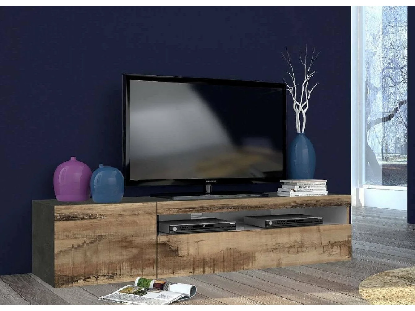 Dbele TV-meubel, Laag woonkamerdressoir, TV-standaardbasis, 100% Made in Italy, 150x40h37 cm, Leisteen en esdoorn
