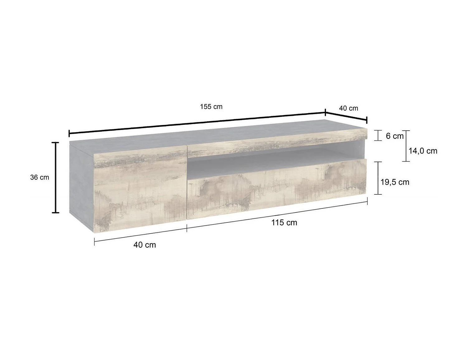 Dbele TV-meubel, Laag woonkamerdressoir, TV-standaardbasis, 100% Made in Italy, 150x40h37 cm, Leisteen en esdoorn