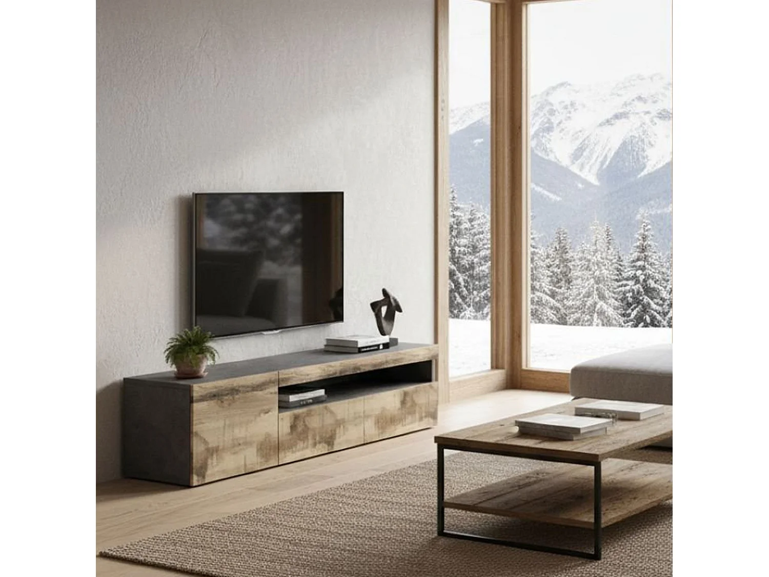 Dbele TV-meubel, Laag woonkamerdressoir, TV-standaardbasis, 100% Made in Italy, 150x40h37 cm, Leisteen en esdoorn