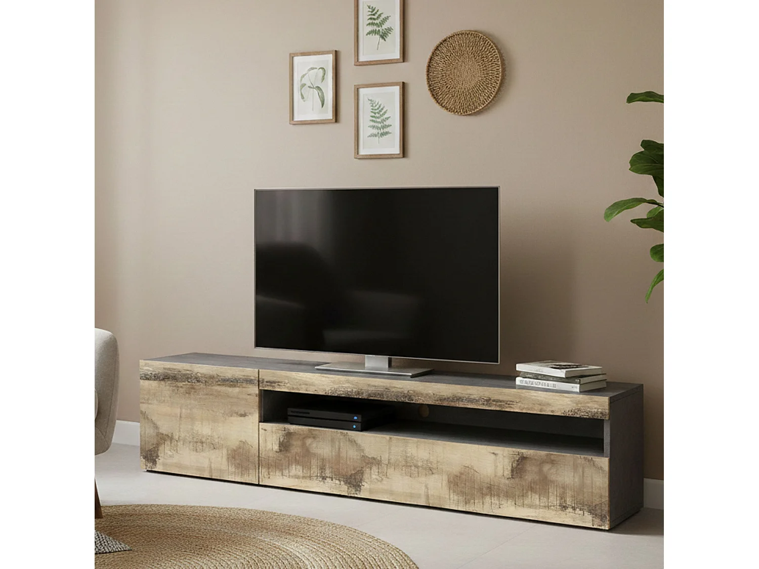 Meuble TV Dbele, Buffet bas de salon, Base pour meuble TV, 100% Made in Italy, 150x40h37 cm, Ardoise et Érable