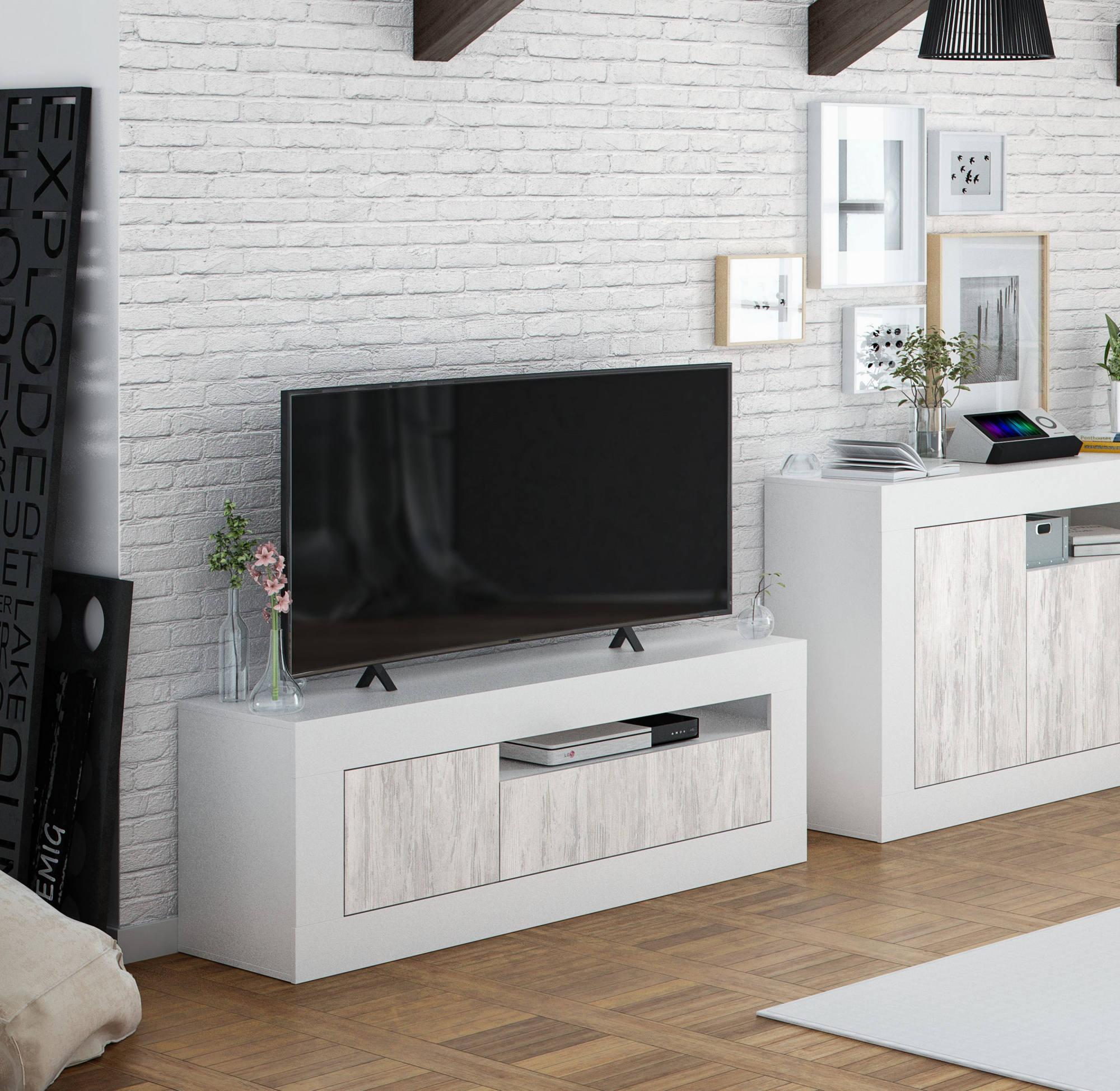 Mobile porta TV Dfusc, Credenza per televisione da soggiorno, Supporto TV a  2 ante, 139x42h53 cm, Rovere e Bianco