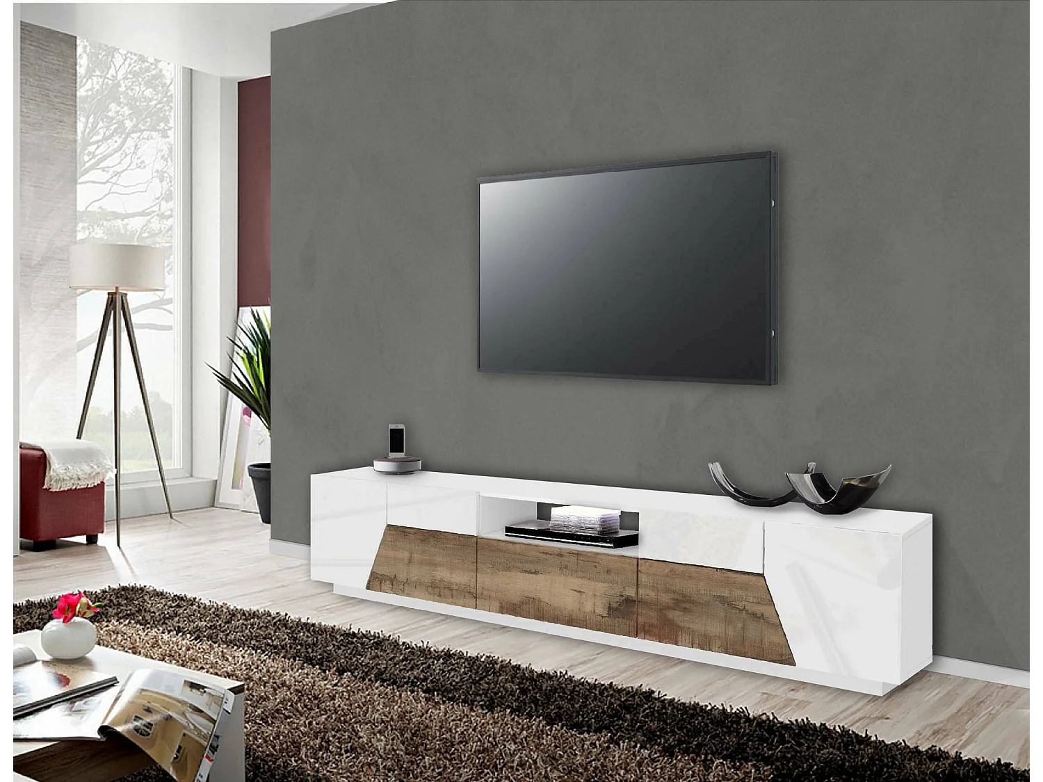 Meuble TV Dfilipp, Buffet bas de salon, Base pour meuble TV, 100% Made in Italy, 220x43h46 cm, Blanc brillant et érable