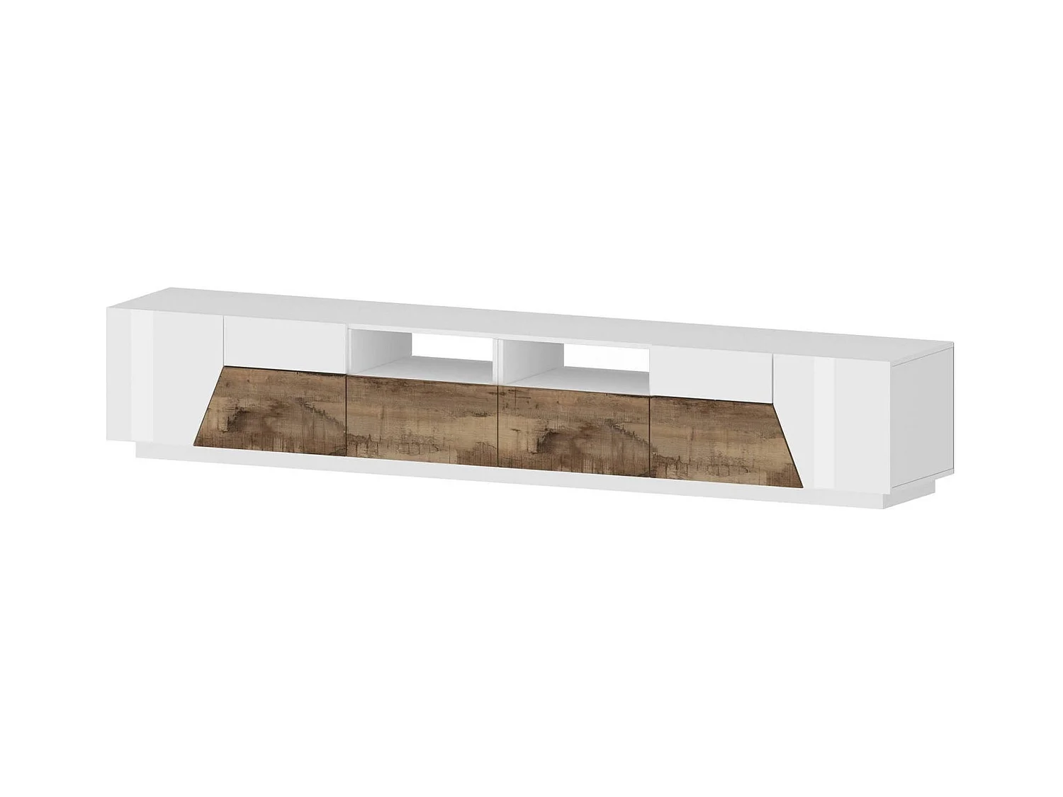 Meuble TV Dfagiol, Buffet bas de salon avec 4 portes, Base pour meuble TV, 100% Made in Italy, 260x43h46 cm, Blanc brillant et érable