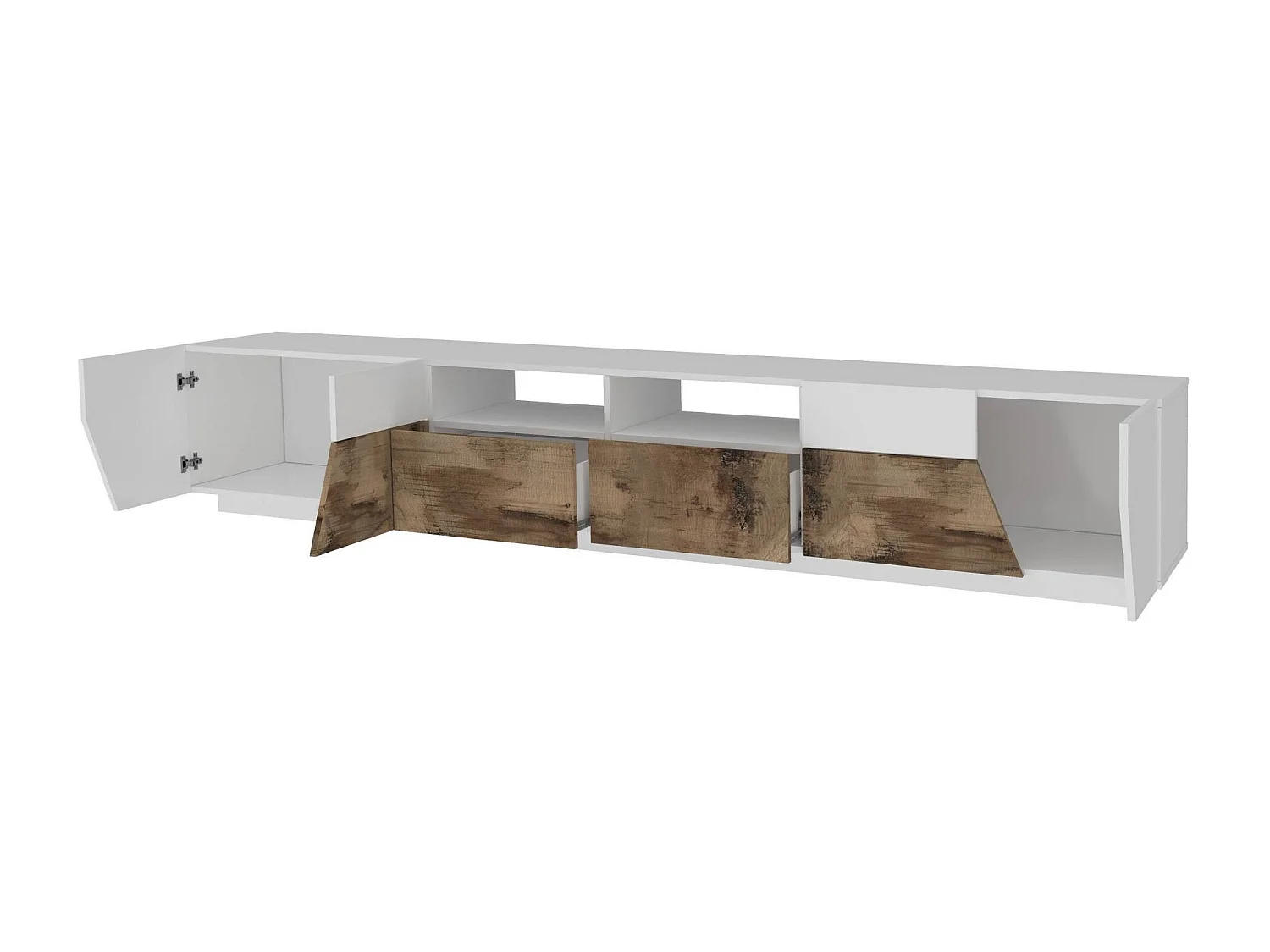 Meuble TV Dfagiol, Buffet bas de salon avec 4 portes, Base pour meuble TV, 100% Made in Italy, 260x43h46 cm, Blanc brillant et érable