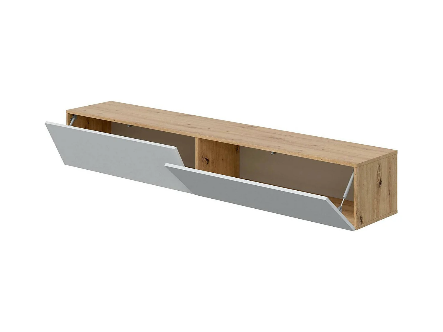 Vincennes TV-meubel, 2-deurs TV-meubel, Hangend woonkamermeubel, 180x35h28 cm, Geknoopt eiken en glanzend wit