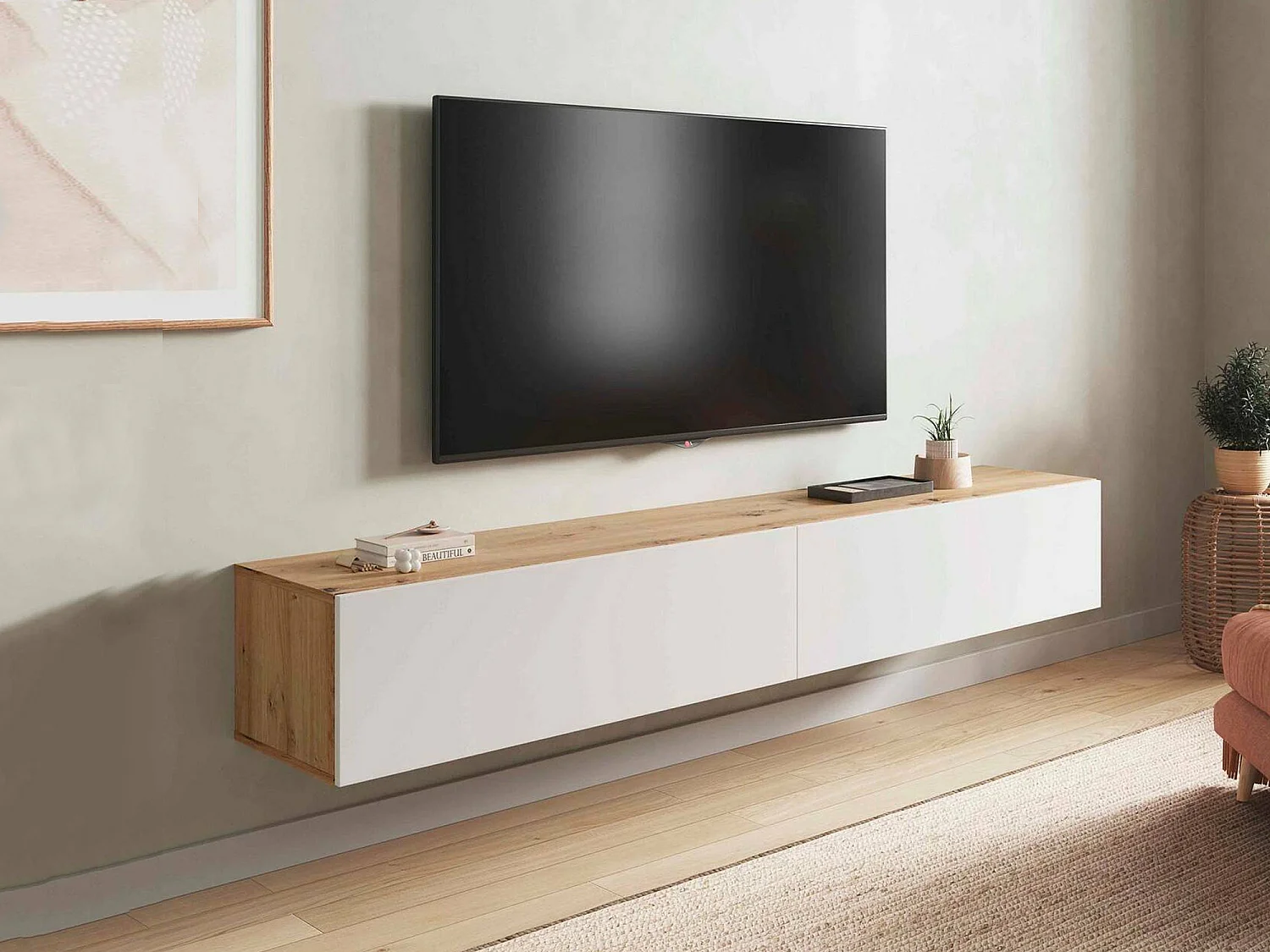 Meuble TV Vincennes, Meuble TV 2 portes, Meuble de salon suspendu, 180x35h28 cm, Chêne Noué et Blanc Brillant